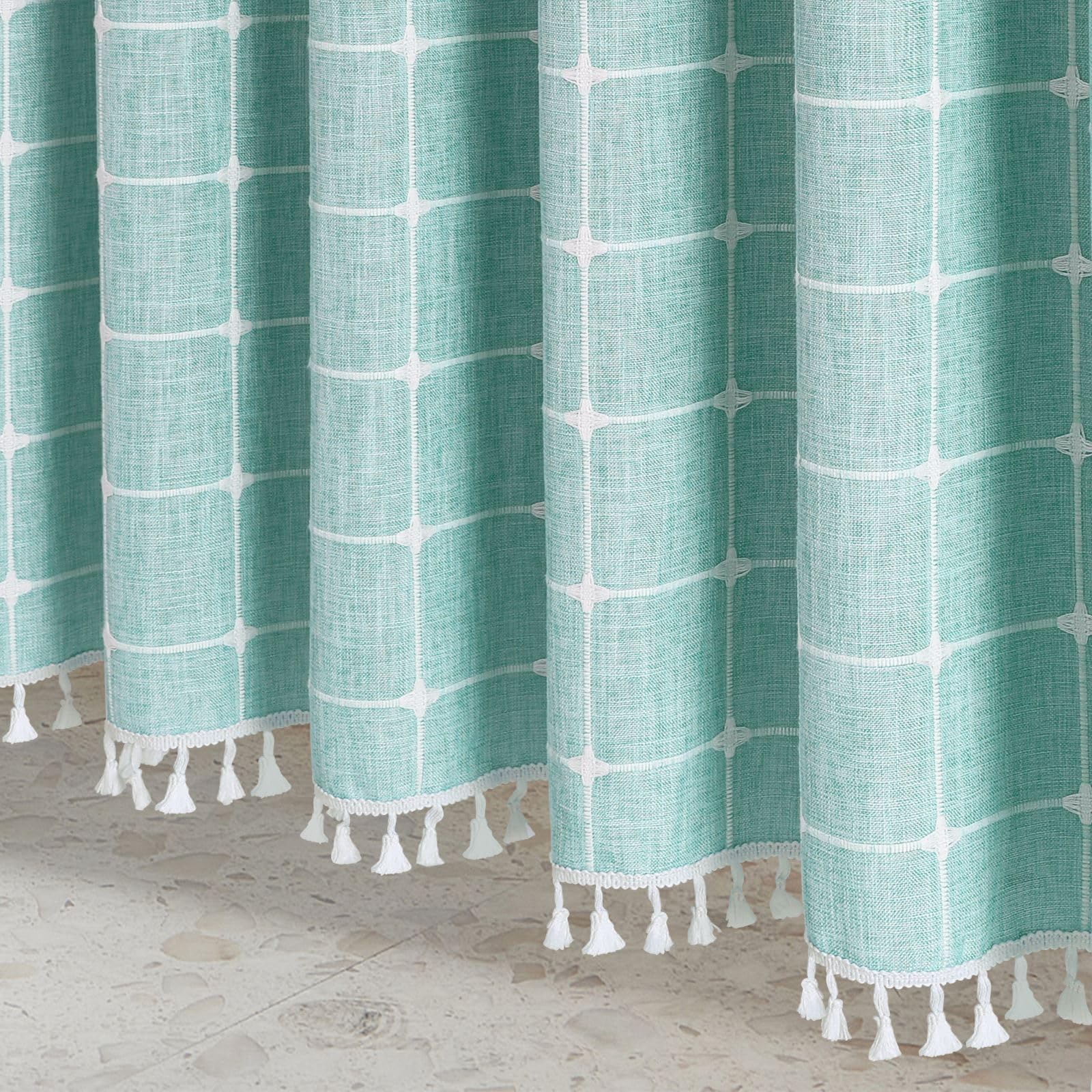 Mitovilla Teal Blue 72 X 78 Farmhouse Shower Curtain, Turquoise Boho 78 Inch Long Cotton Linen Tassel Fabric Shower Curtain Set