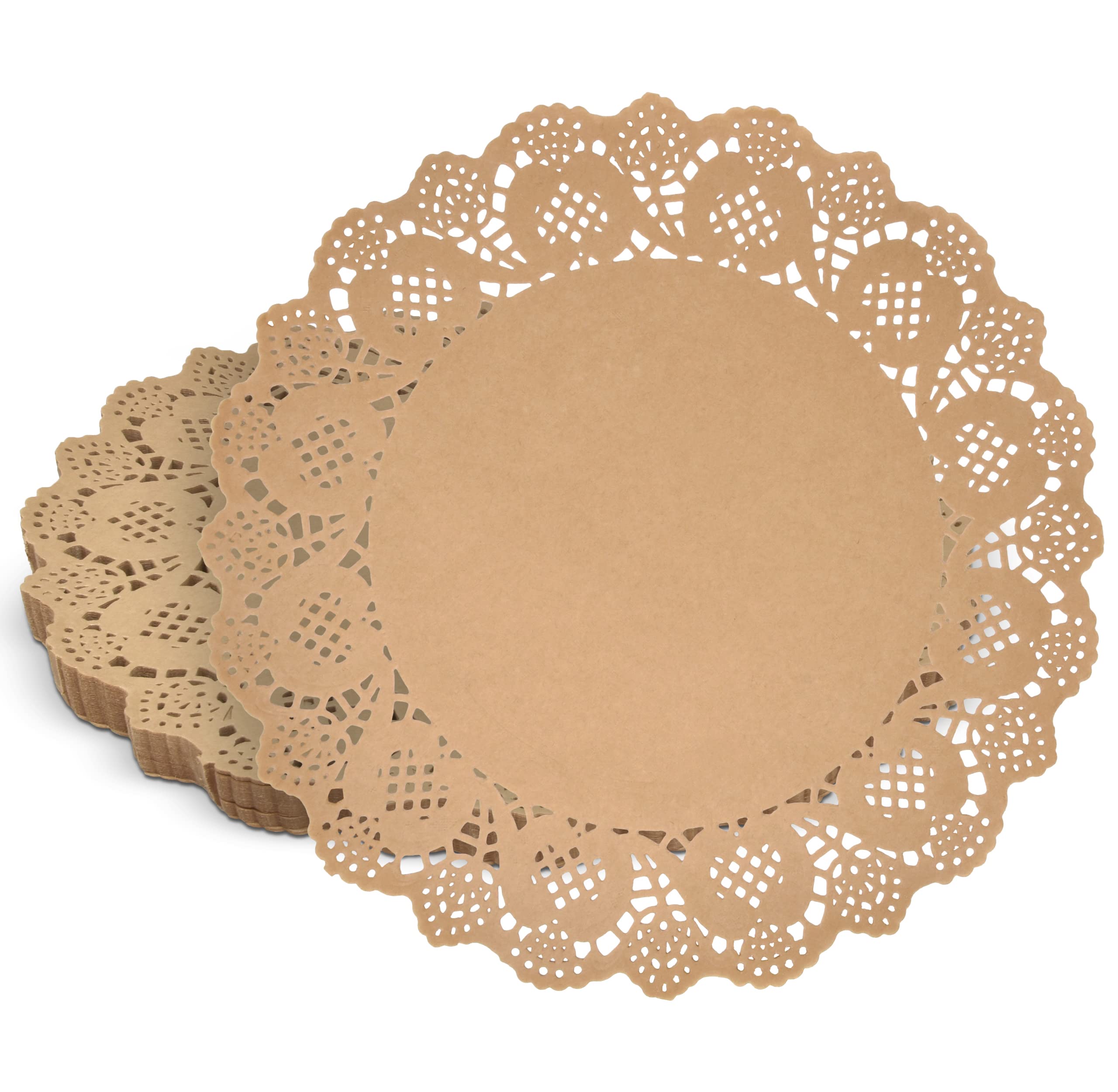 Gift Boutique 300 Pack Rustic Round Paper Place Mats 12 '' Disposable Light Brown Kraft Doilies Lace Scallop Doily For Cakes Des