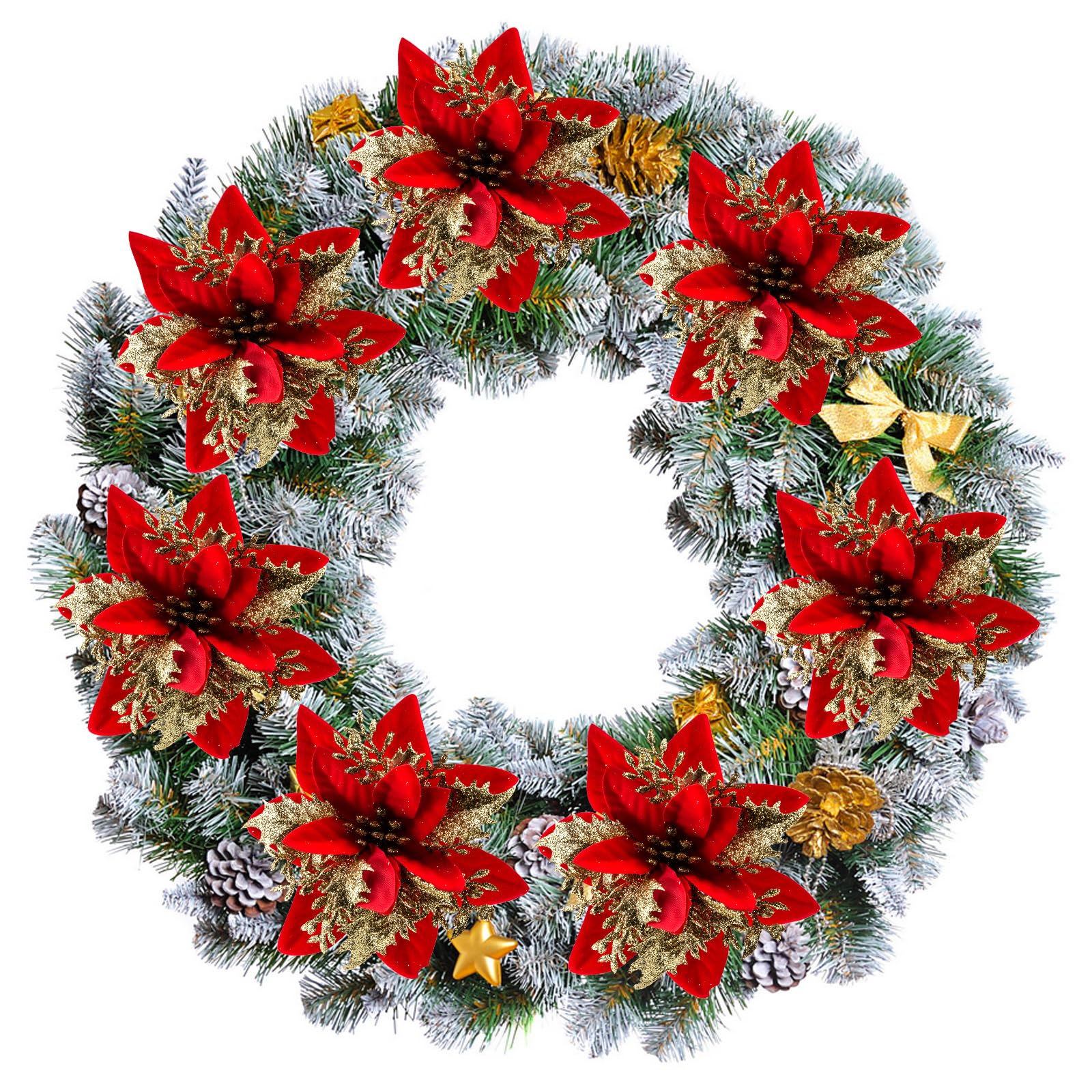 Cliselda 30Pcs Red&Gold Poinsettias Artificial Christmas Flowers with Clips, 5.5 Glitter Artificial Flower Poinsettia Decoration