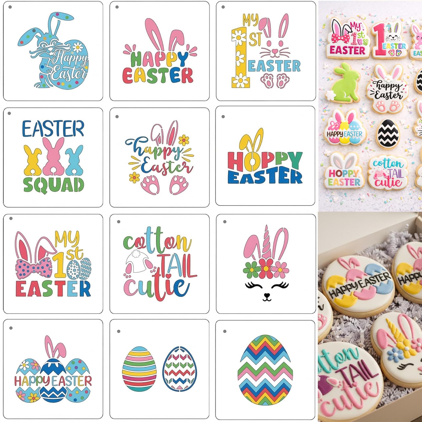 4Inches Happy Easter Cookie Stencils Decoration, 12PCS Style-Eggs/Hare/First Easter Design Cookies Stencil for Baking, Royal Ici