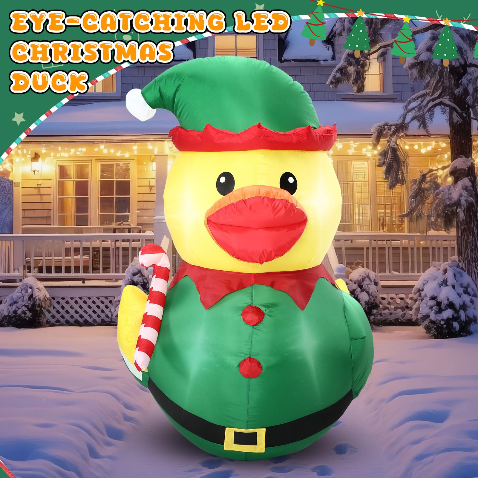 Leyndo 5FT Christmas Inflatables Decoration Outdoor Giant Christmas Elf Duck Inflatables Blow Up Duck with Build-in LEDs Lights