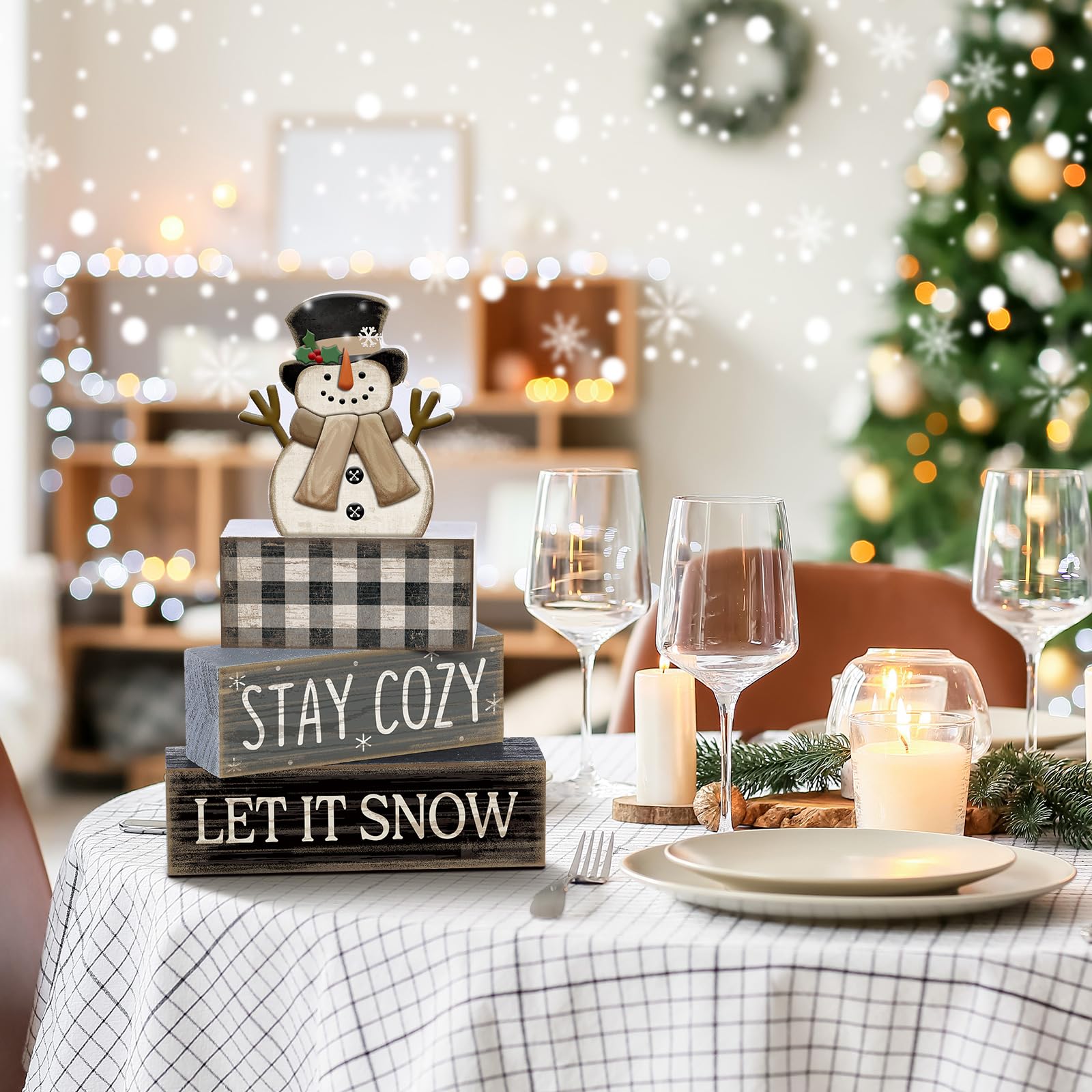 Yuntau 4 Pcs Christmas Winter Table Decorations Wooden Snowman Winter Tiered Tray Decor Rustic Block Signs Gift Farmhouse Christ
