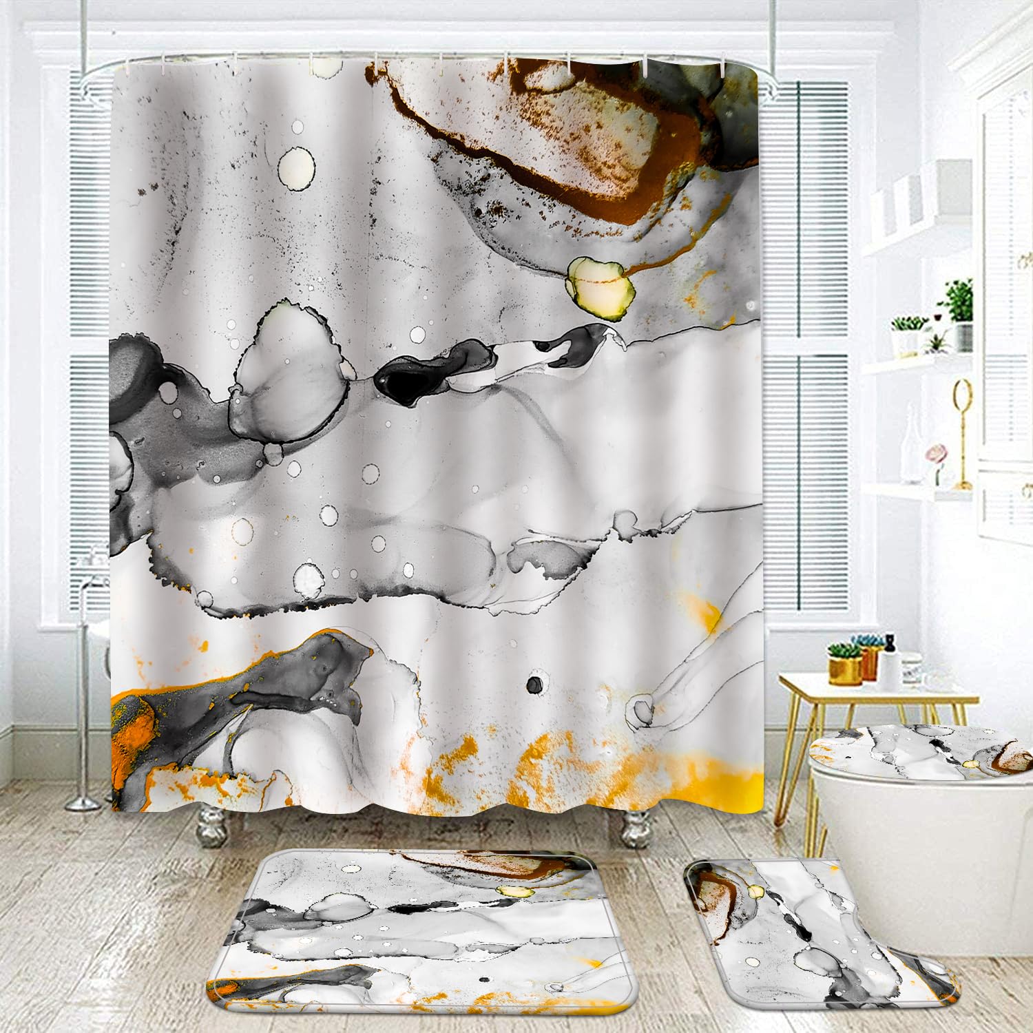 Rlhhug Marble Bathroom Sets With Rugs For Bathroom Decor, 72X72 Inches Gold Shower Curtain With Non-Slip Rugs And Accessories, W