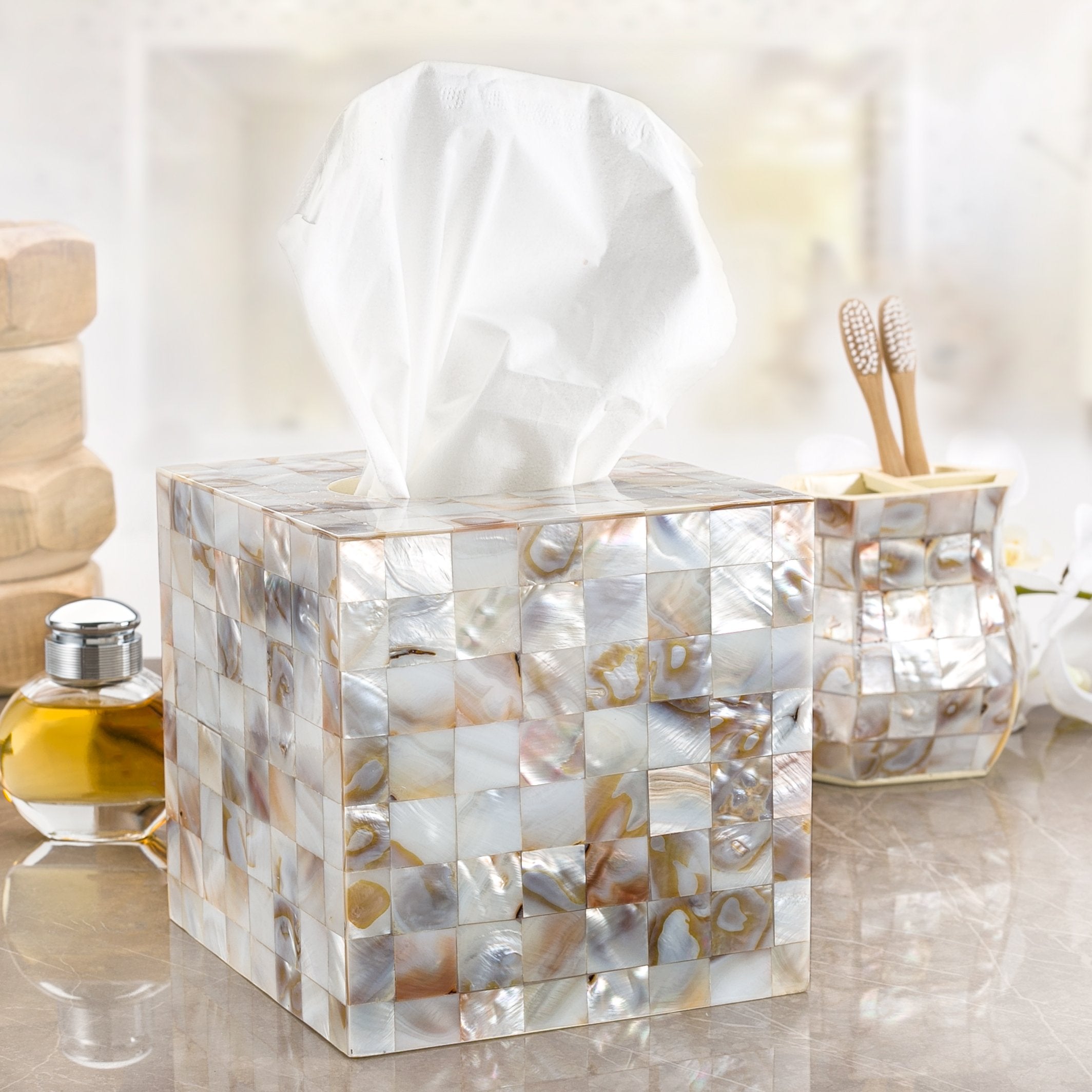 Tissue Box Cover Square - Decorative Tissue Box Holder Square For Bathroom Finished In Beautiful Natural Mother Of Pearl Capiz S