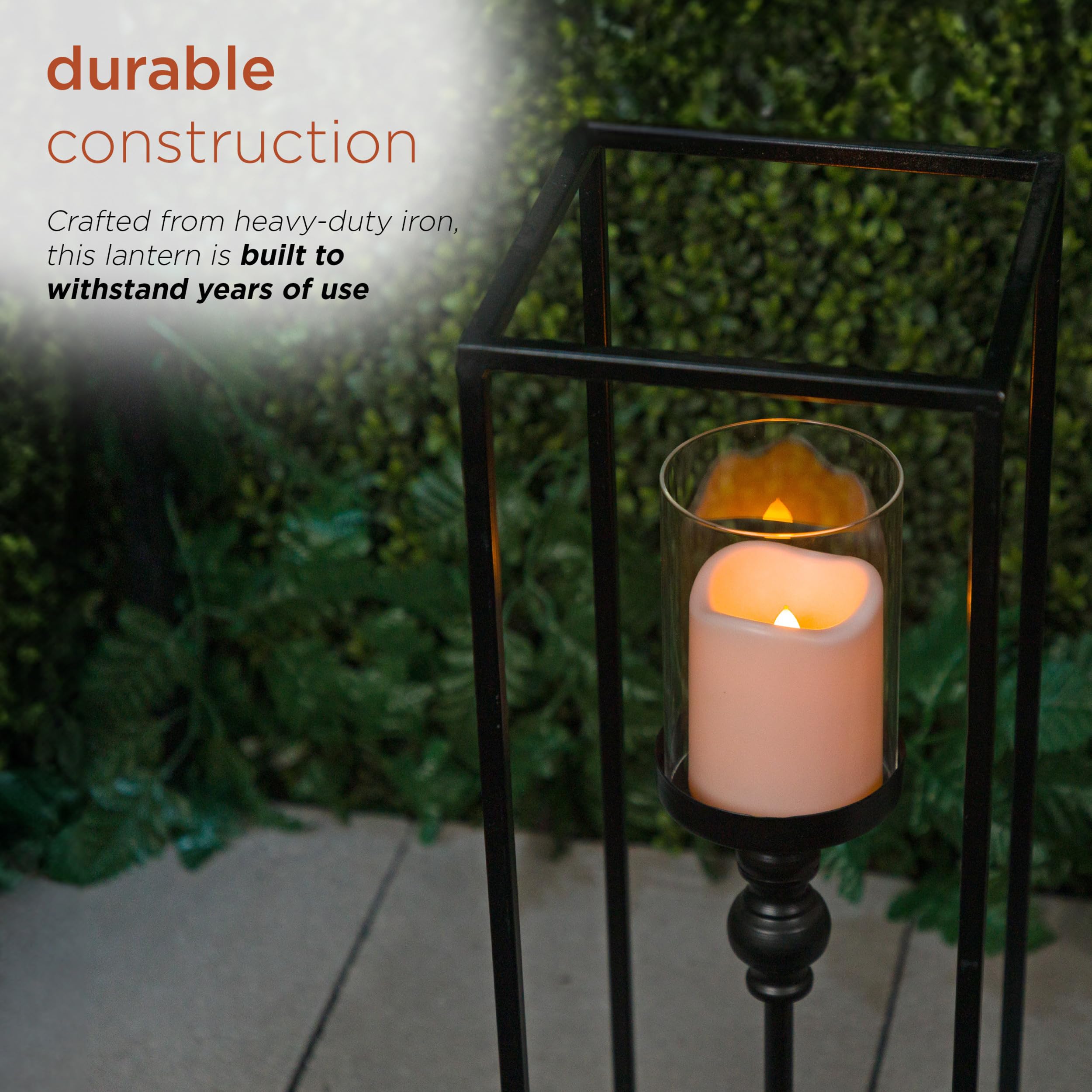 Alpine Corporation ILT104HH-S-BK Metal & Glass Decorative Lantern w/LED Candle & Timer, LED Home Decor, Small, 25 H, Black