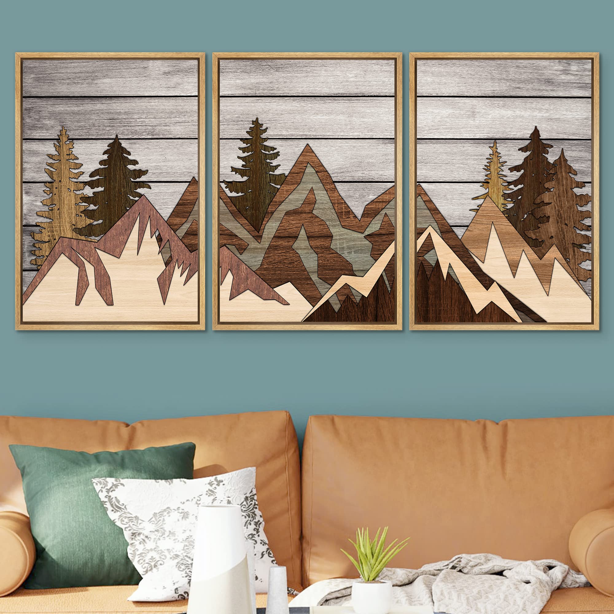 Signwin Framed Canvas Print Wall Art Set Wood Panel Mountain Range Forest Nature Wilderness Illustrations Modern Art Decorative