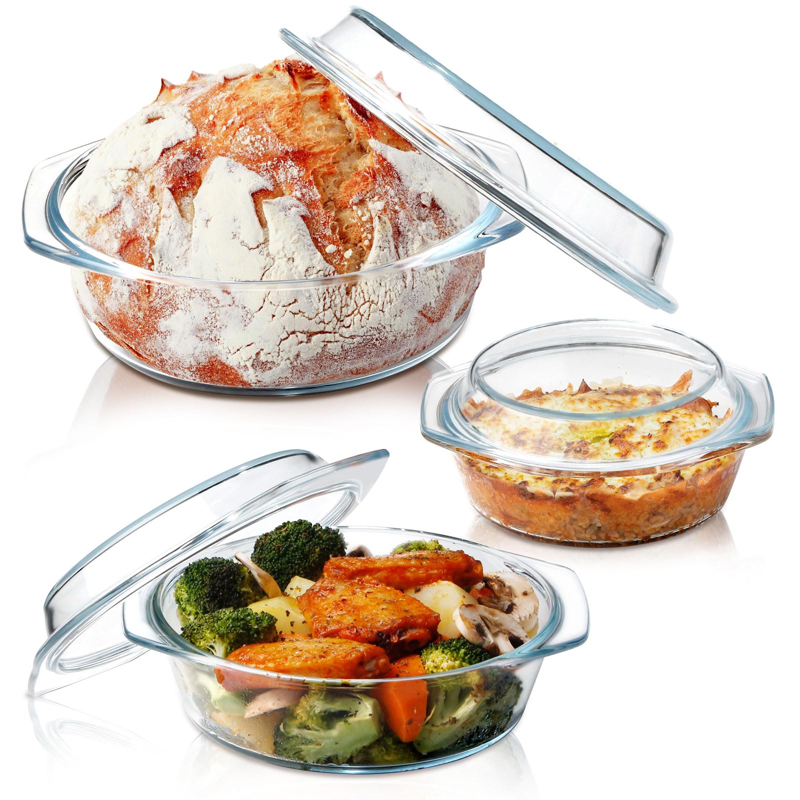 Zyer Round Glass Casserole Dish With Glass Lid Glass Casseroles Bakeware With Glass Lid, Glass Casserole Bowl (Set Of 3-0.65L+1L