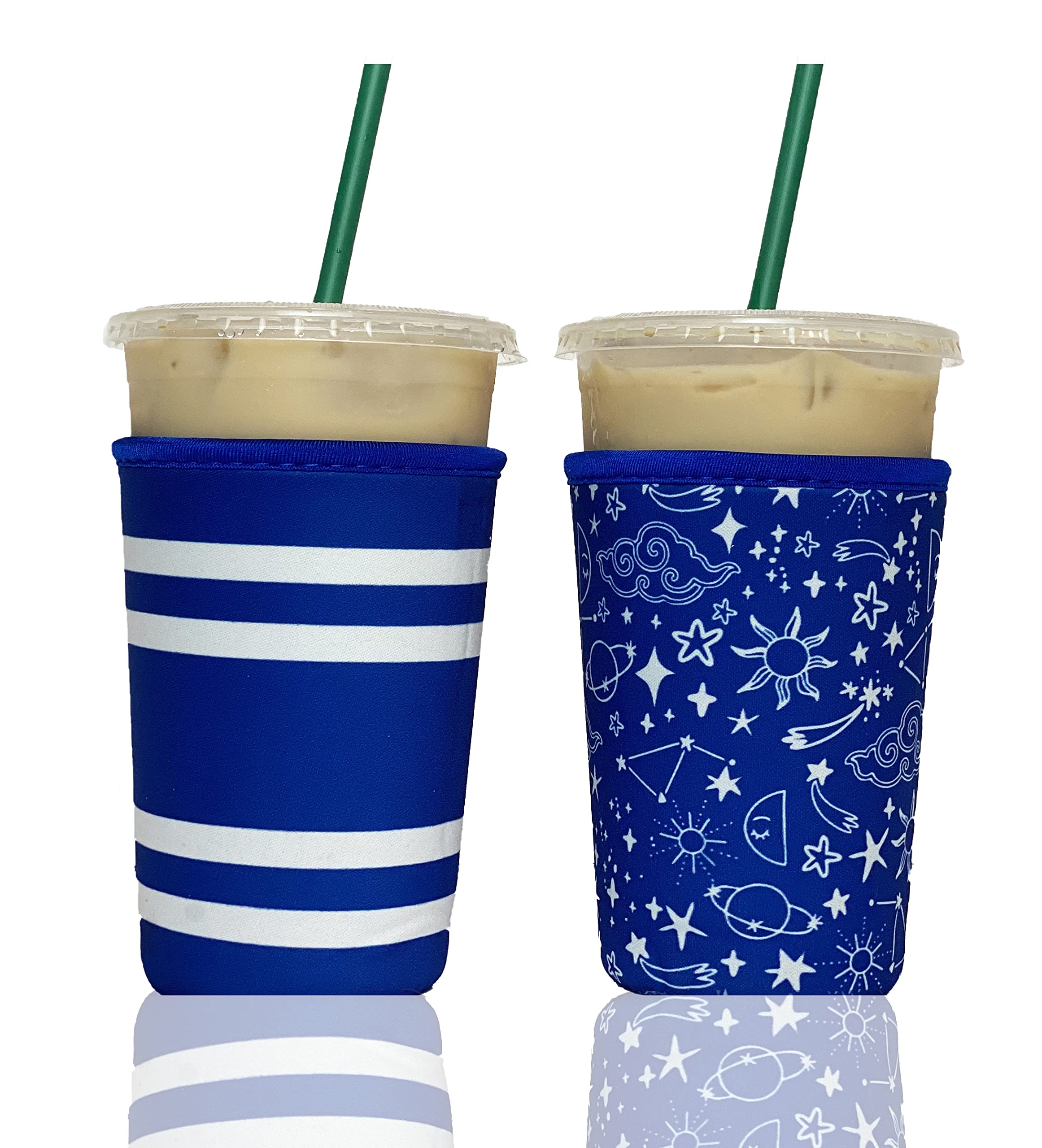 Baxendale And Co Reusable Neoprene Insulator Sleeves For Iced Coffee And Cold Drink Cups (2 Pk Medium 22-24Oz, Blue Wanderlust)