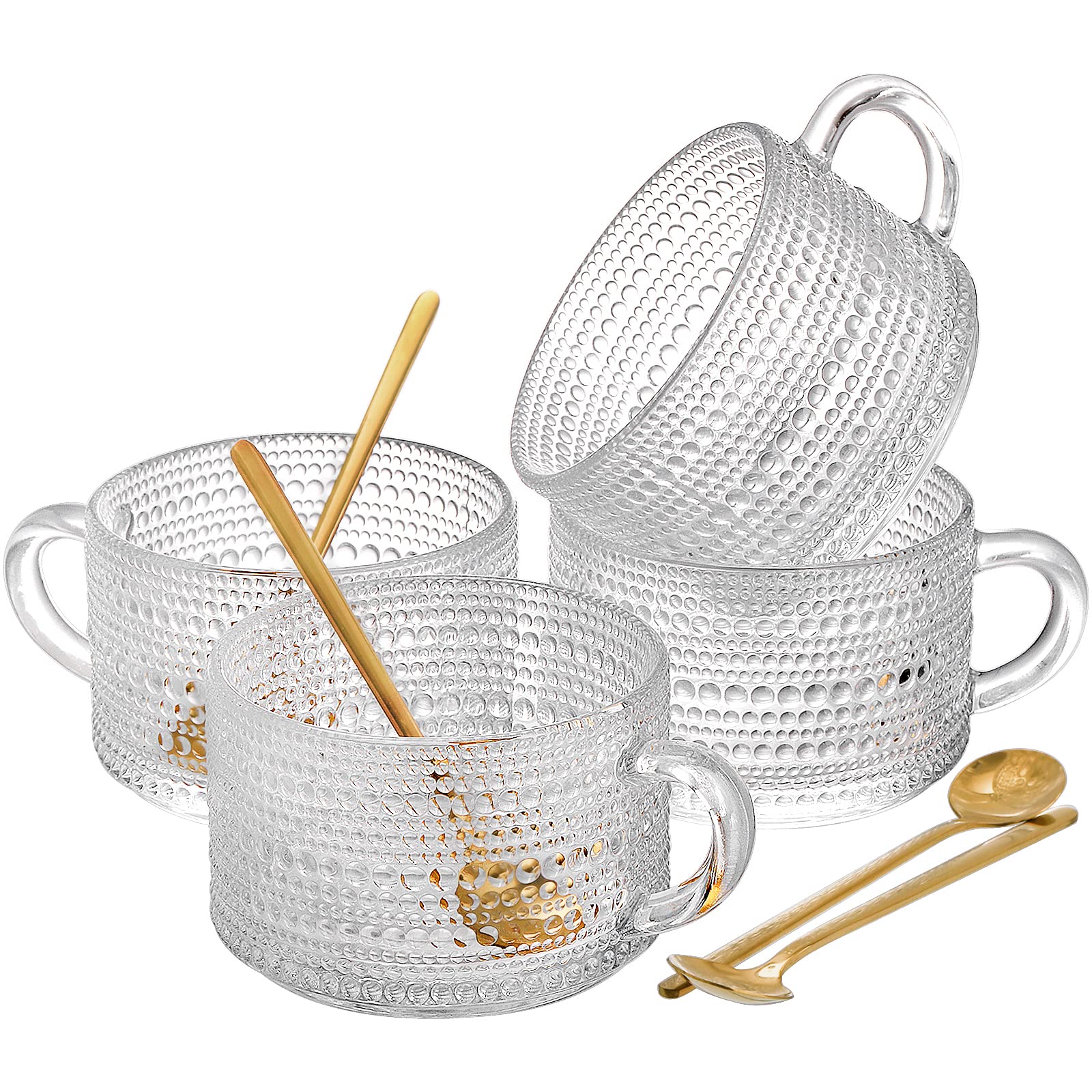 Zoofox Set Of 4 Glass Coffee Mugs, 14 Oz Clear Glass Cups With Golden Spoons, Vintage Embossed Coffee Cups Set For Latte, Espres