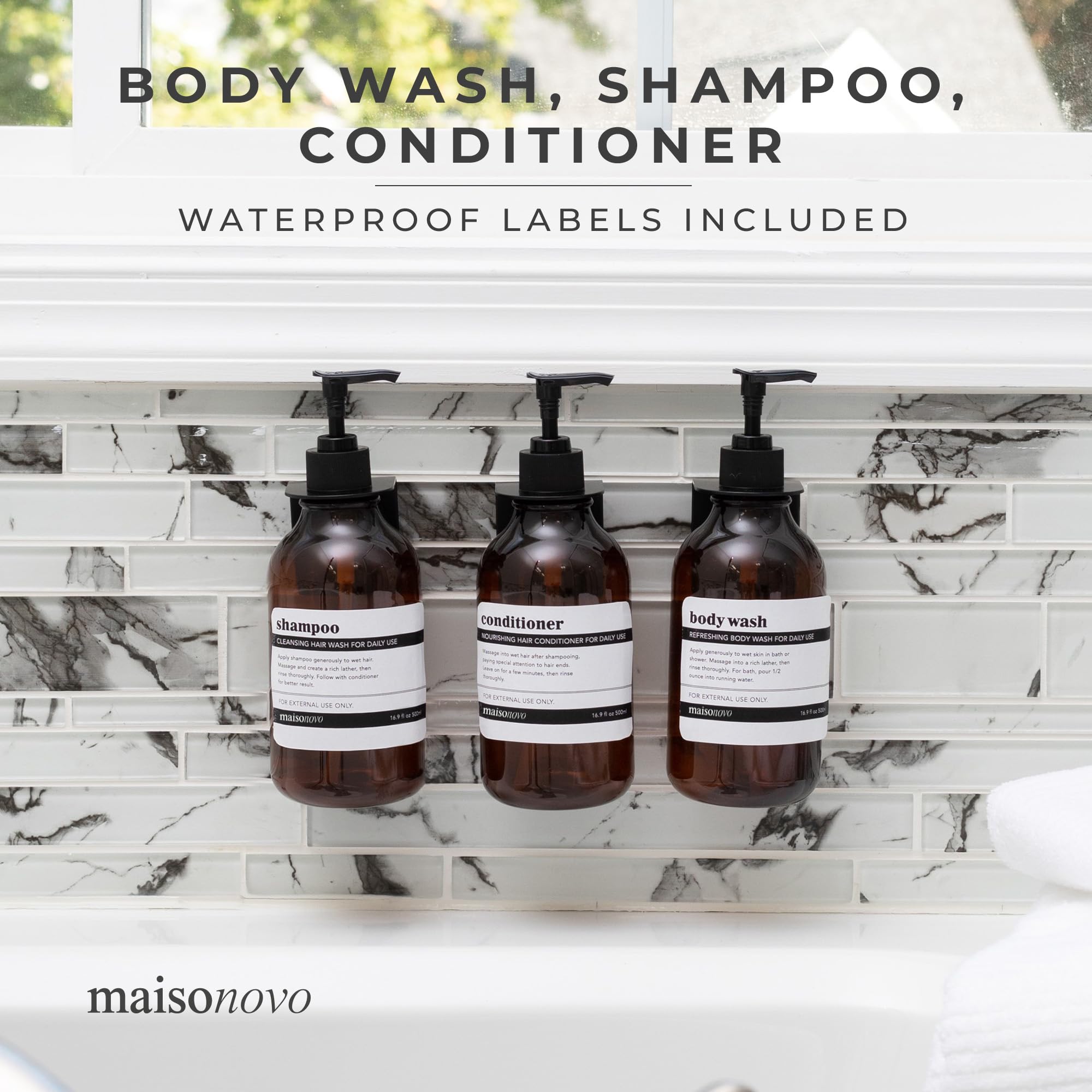 Maisonovo Shampoo And Conditioner Dispenser - Shower Soap Dispenser Wall Mounted - 16.9 Fl Oz Set Of 3 Amber Plastic Bottles Bla