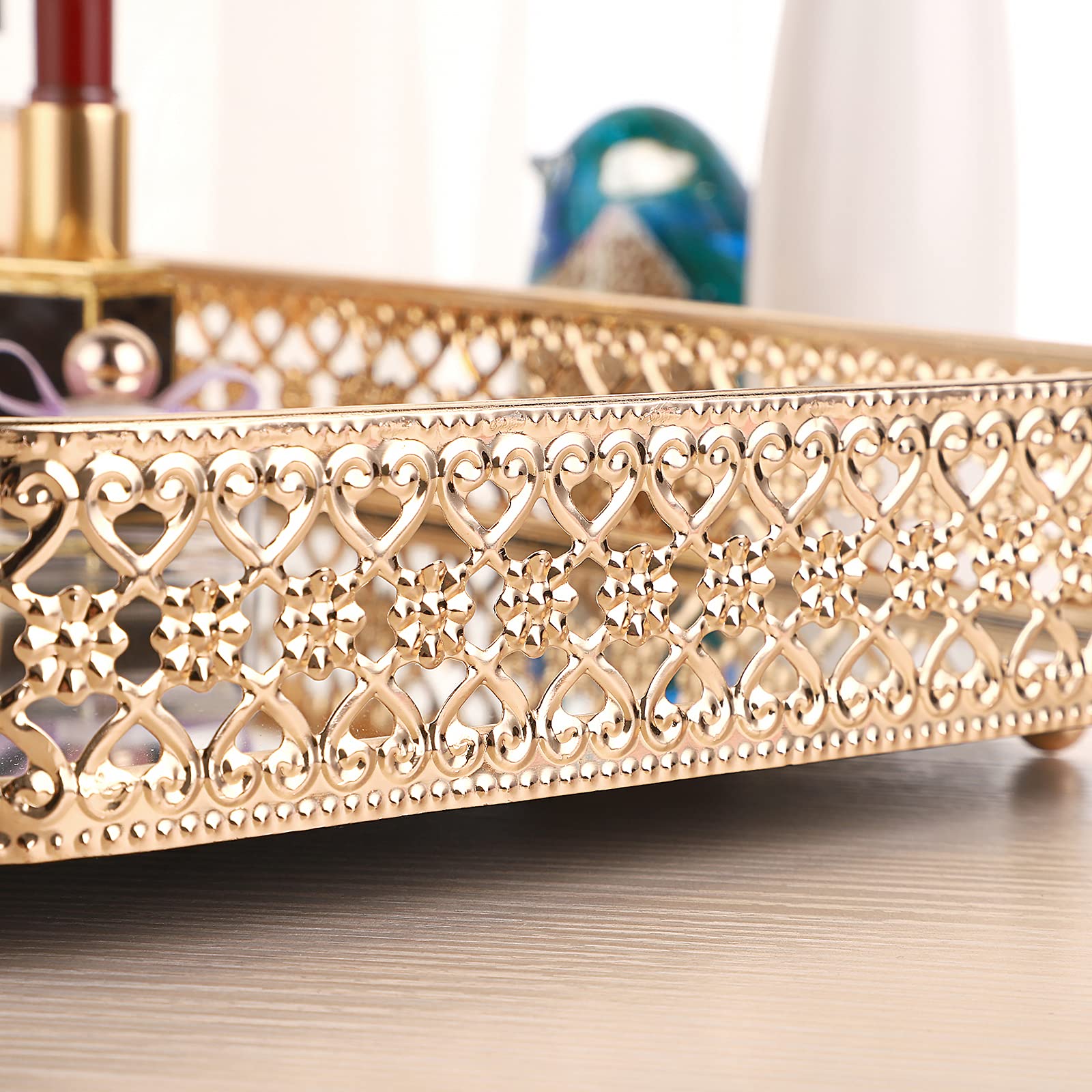 Elldoo Perfume Tray Mirror Tray Makeup Vanity Tray Hollow-Carved Jewelry Tray Glass Metal Trinket Storage Tray Home Organizer De