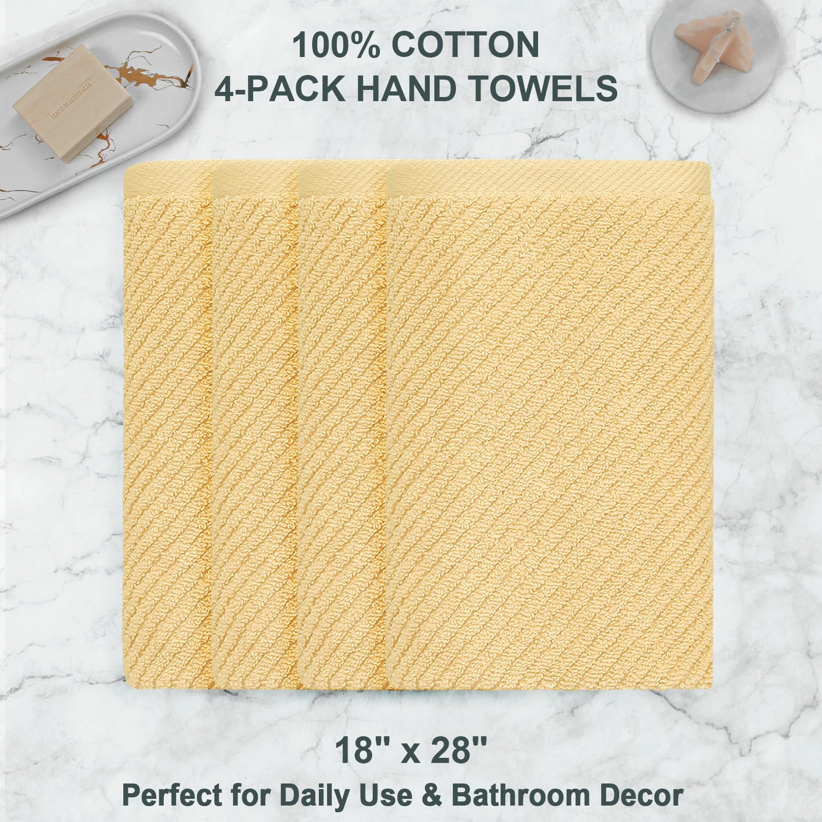 Voova & Movas Yellow Hand Towels For Bathroom, 4 Pack Large 18'' X 28'' - 100% Cotton | Lightweight | Thick | Quick Dry | Soft |