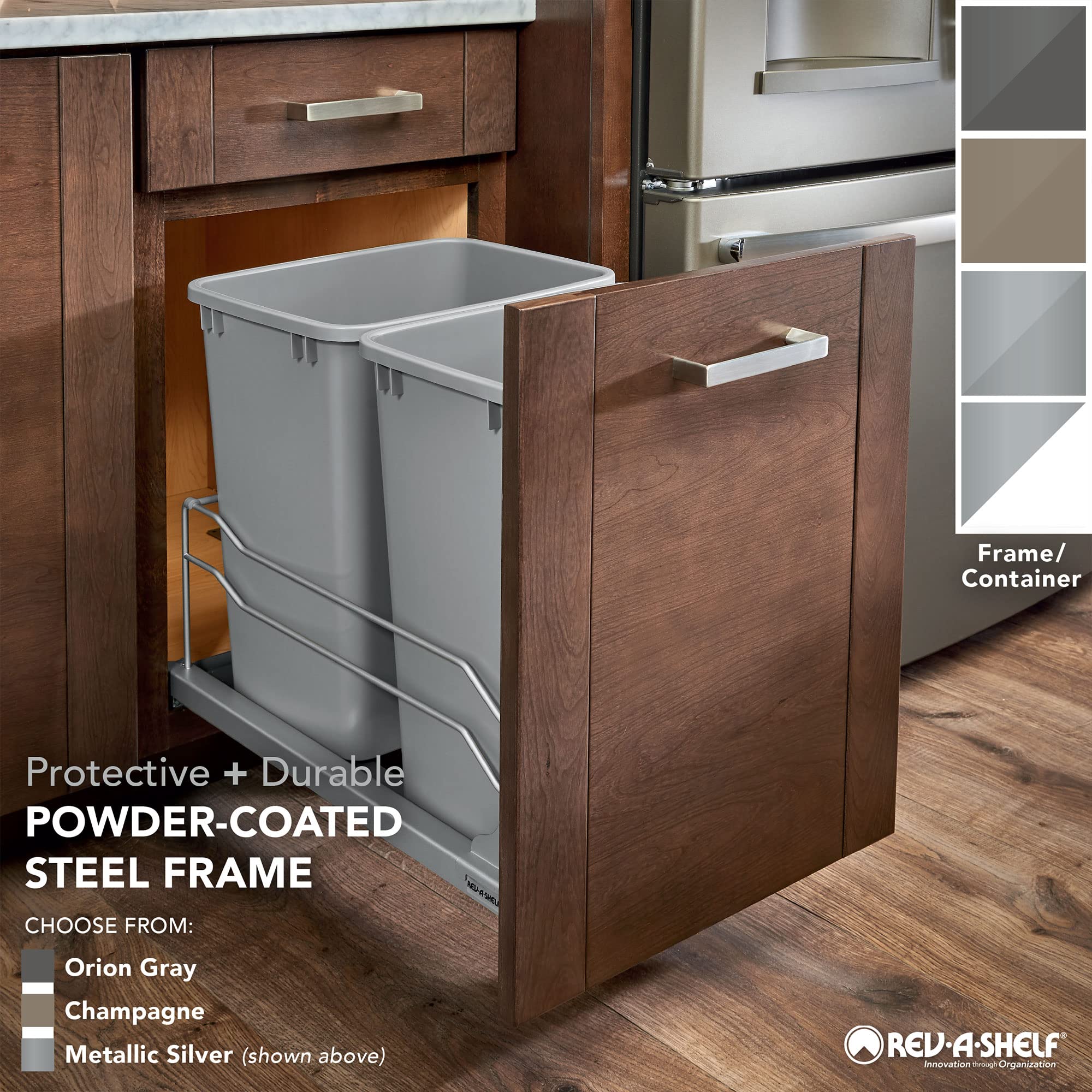 Rev-A-Shelf Pullout Trash Can For Full-Height Kitchen Cabinets 50 Quart 12.5 Gallon With Soft-Close Slides And Storage, Silver,