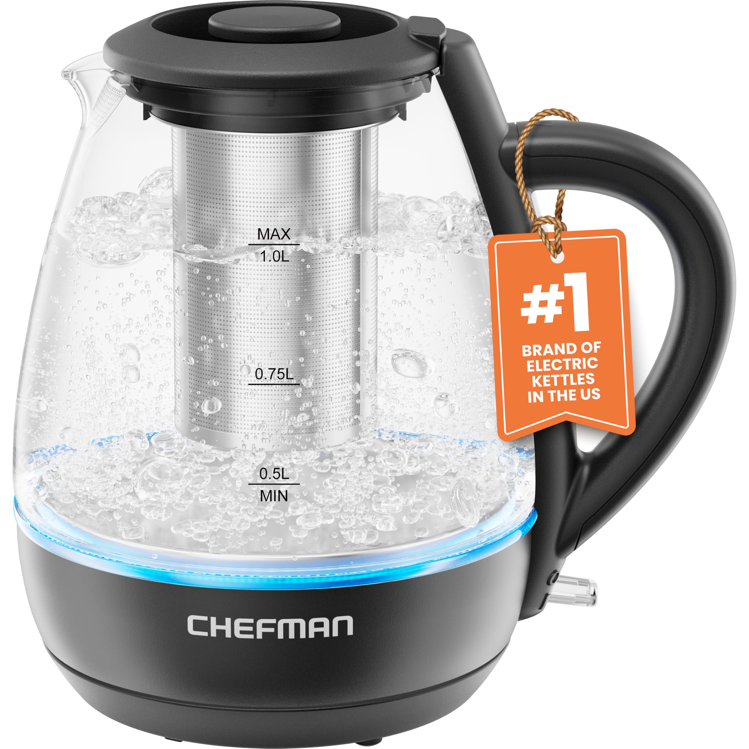 Chefman Electric Kettle With Tea Infuser, 1L 1500W, Removable Lid For Easy Cleaning, Boil-Dry Protection, Stainless Steel Filter