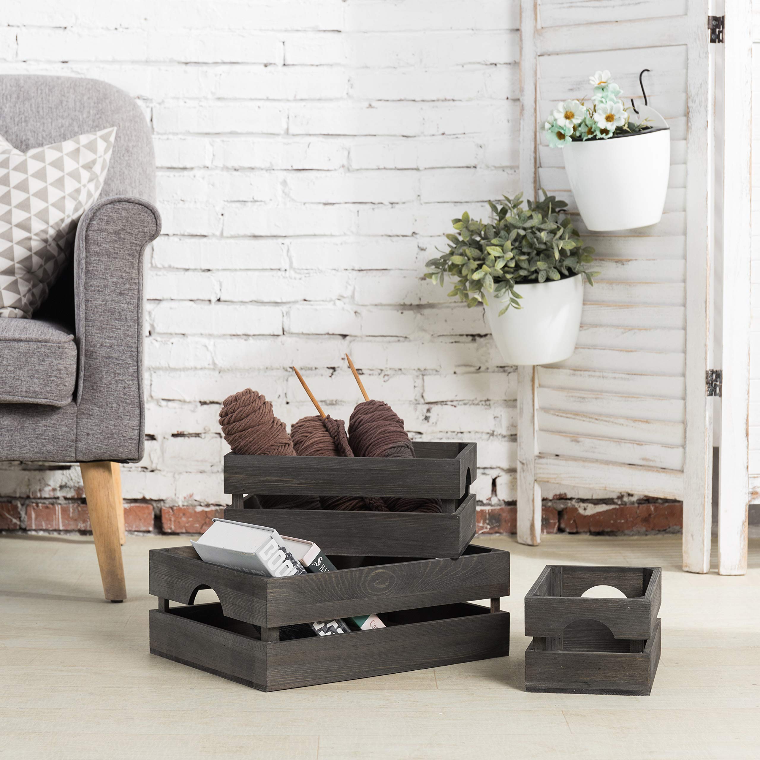 MyGift Rustic Gray Solid Wood Storage Organizer Box with Handle, 3 Piece Various Size Decorative Nesting Crate