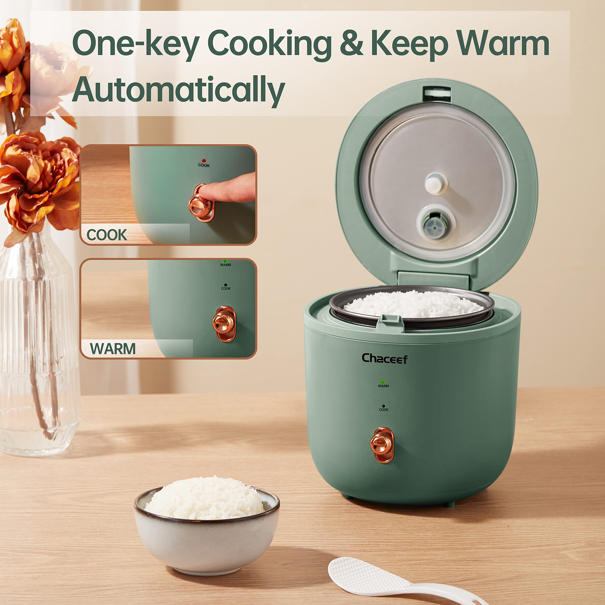 CHACEEF Mini Rice Cooker 2-Cups Uncooked  1.2L Small Rice Cooker with Non-stick Pot  Mini Rice Maker with One Touch & Keep Warm Function  Food Steamer  Green