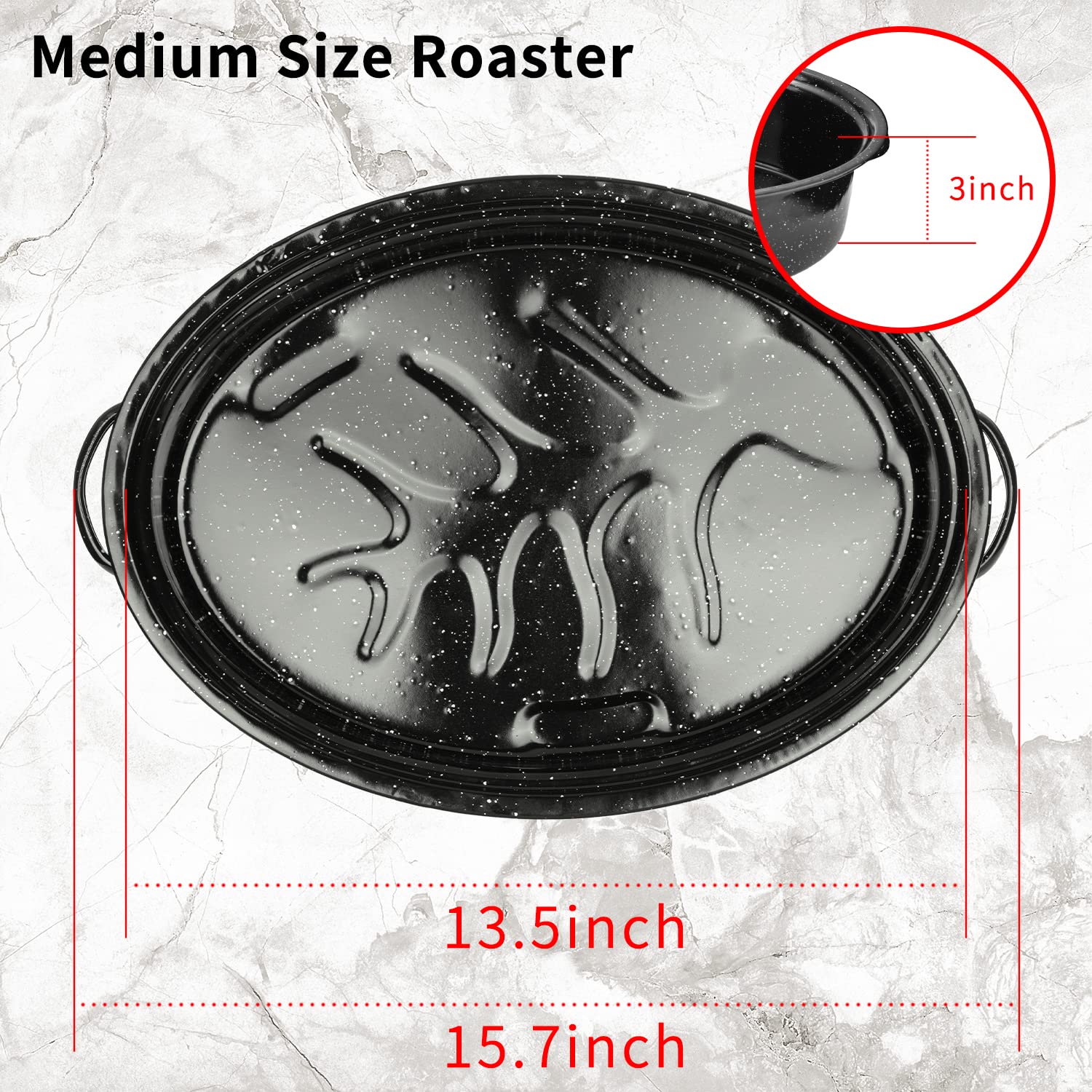 JY COOKMENT Enameled Oval Roaster 15.7" with Domed Lid - Black, Porcelain, Model JY-40, Dishwasher Safe for Turkey, Chicken, Ham