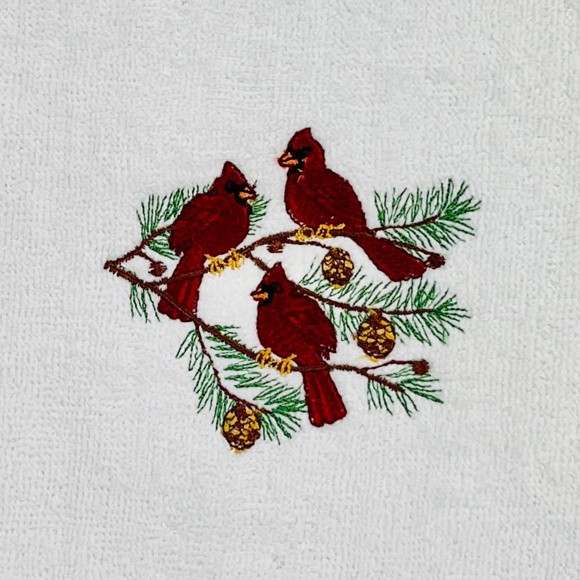 Christmas Hand Towels: Plush Velour Cotton With Embroidered Winter Cardinal Birds On Pine Tree, Set Of 2