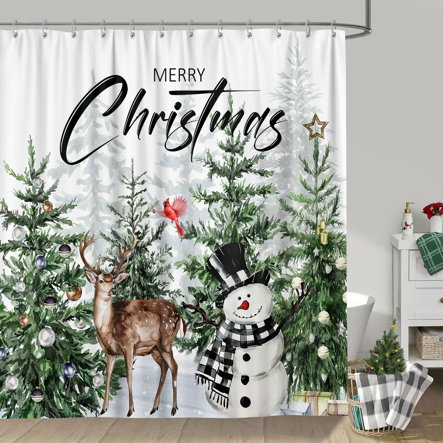 Farmhouse Christmas Forest Shower Curtain Set, Rustic Winter Woodland Snowy Snowflake Snowman Green Pine Tree Deer Cardinal Deco