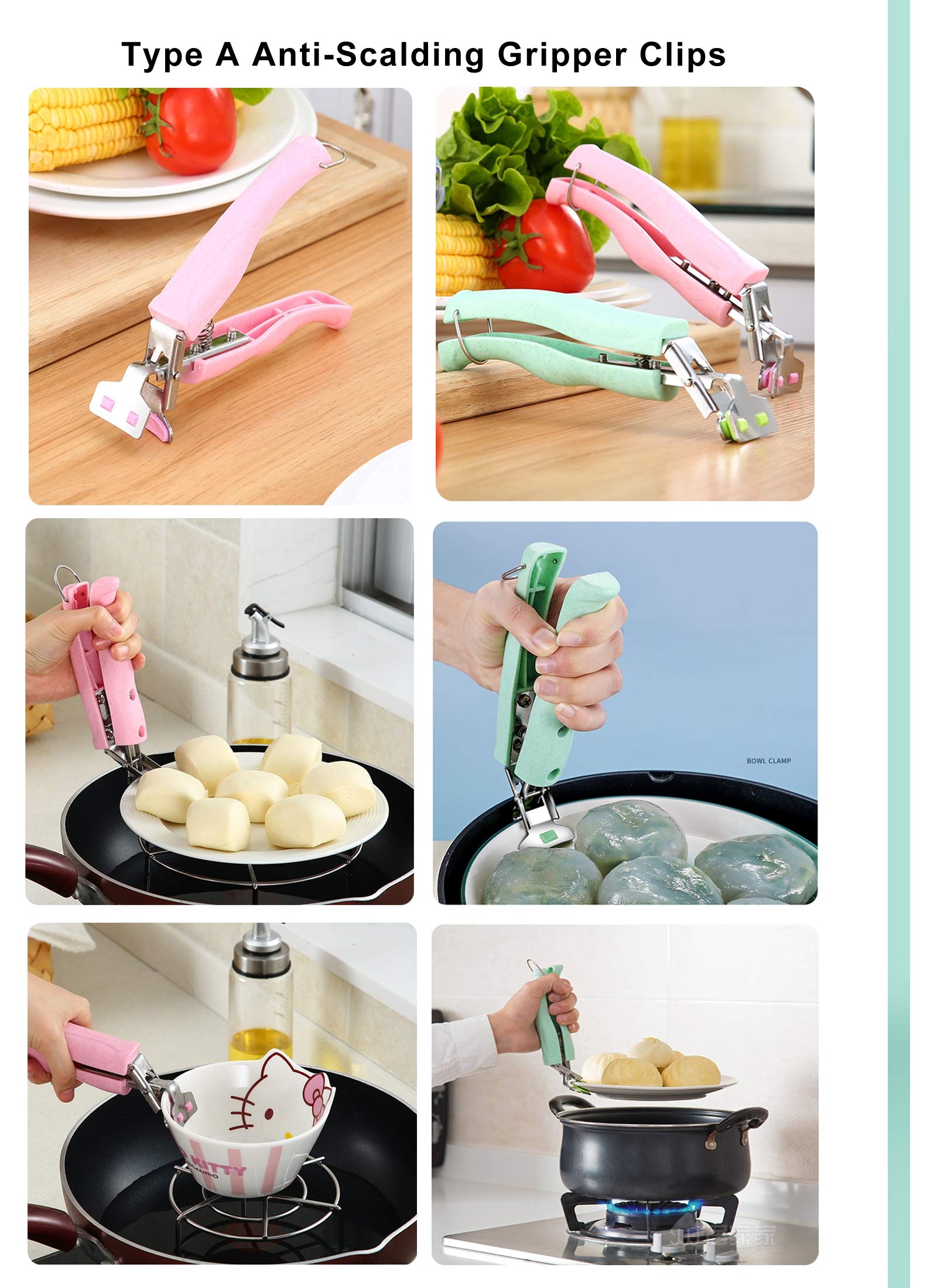 SPTECHMAKE Stainless Steel Anti-Scalding Gripper Tongs, 2-Pack, Green & Pink, Model SPTECH-COOKTO-2A, Ideal for Hot Plates & Bowls