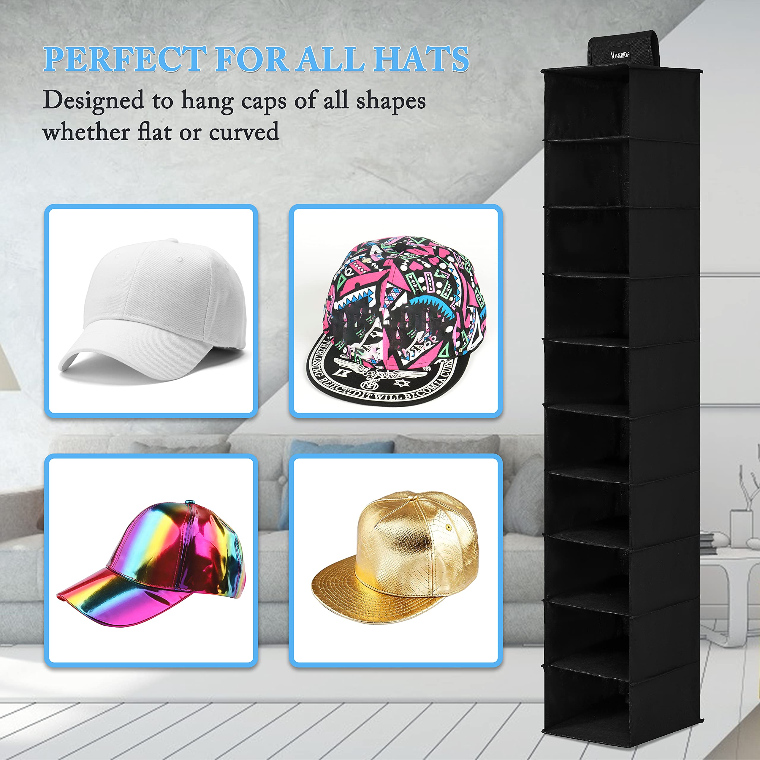 VAESIDA Hat Rack for Closet  10 Shelf Hanging Hat Organizer for Baseball Caps Storage  Hat Holder Organizer for Hat Display  Best Space Saving Hat Racks for Baseball Cap Organizer  Black