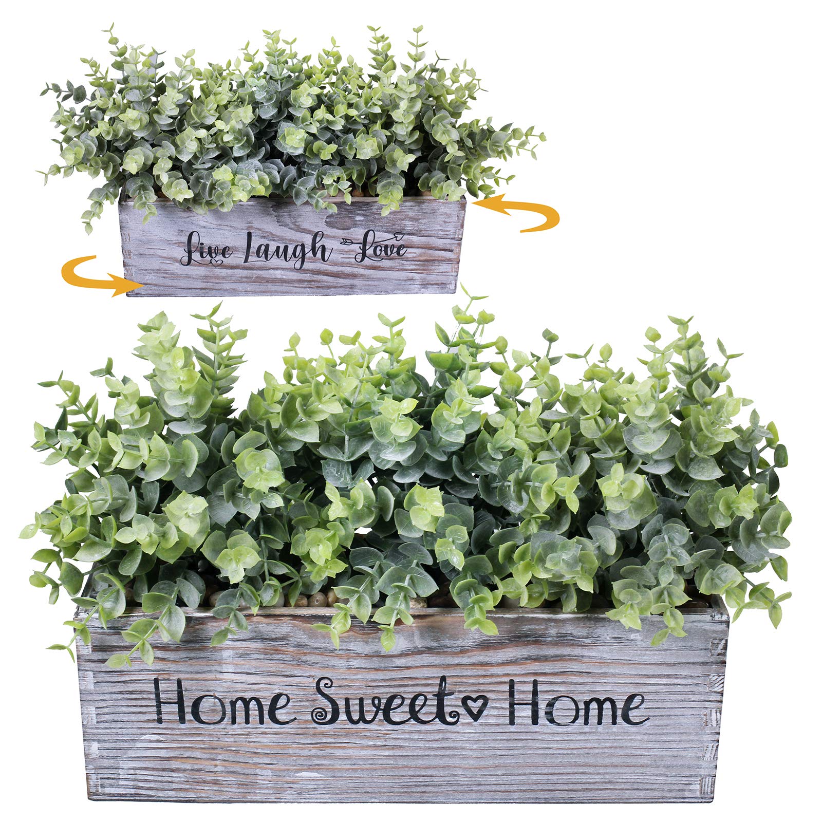 1 Pcs Wooden Potted Eucalyptus Plant Greenery Arrangement Artificial Eucalyptus Plant in Rectangular Wood Planter Box for Rustic
