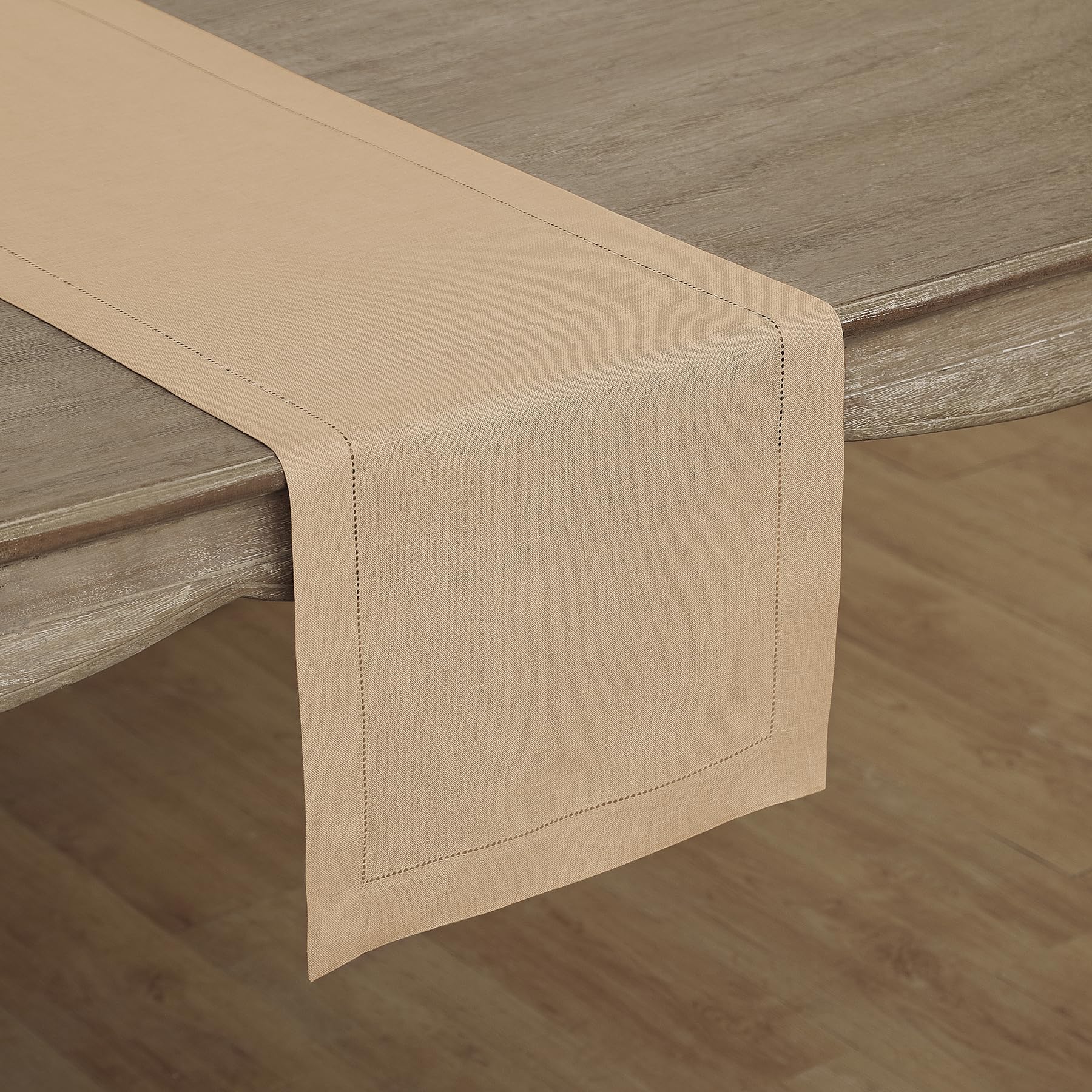 Solino Home Linen Beige Table Runner 108 Inches Long - 100% Pure Linen Classic Hemstitch Dining Table Runner 16 X 108 Inch Ideal