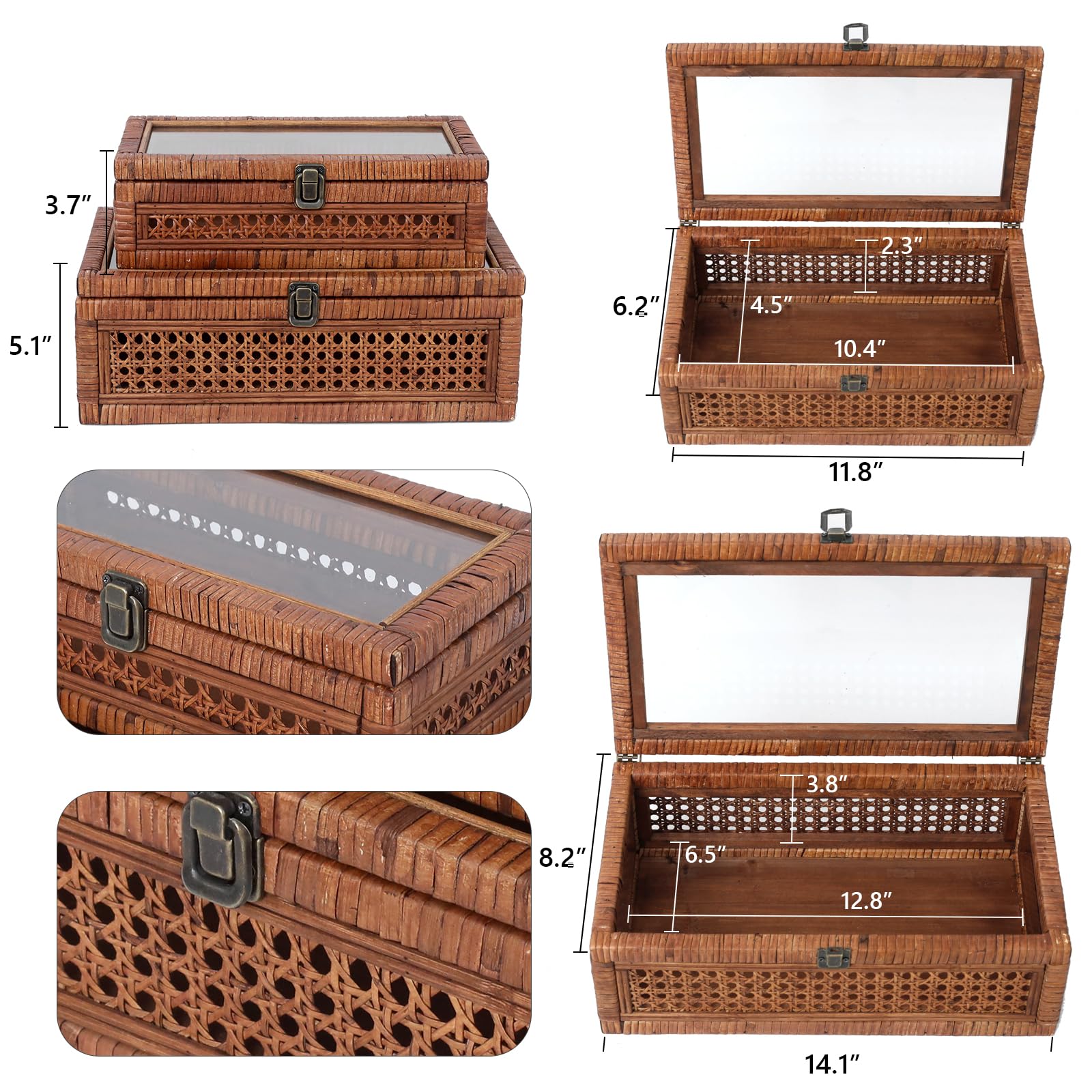 DECOR4SEASON Rattan and Cane Stacking Boxes with Glass Top Lid - Set of 2 11.8 and 14.1, for Boho and Rustic Farmhouse Decor, Br