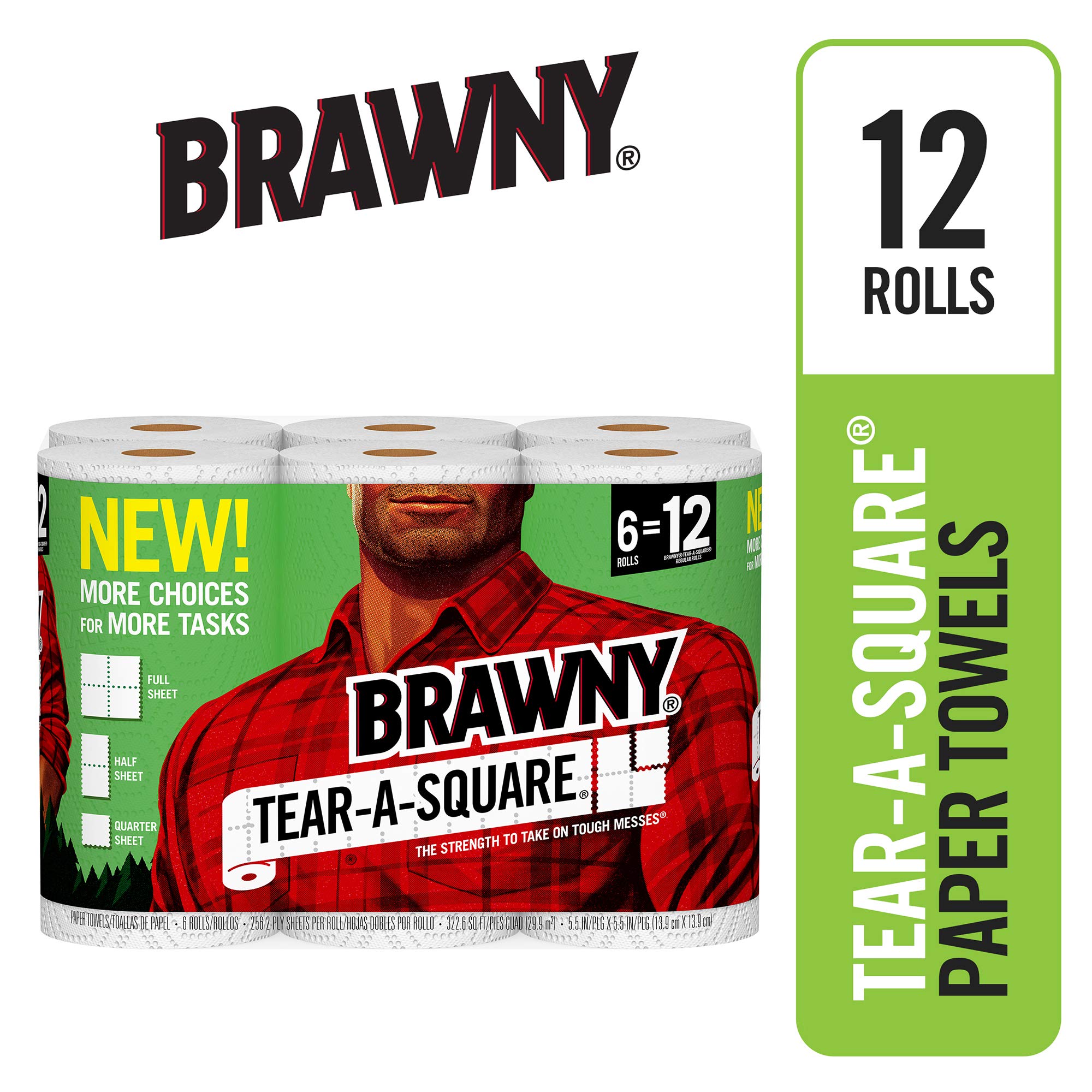 Brawny Paper Towels, 12 Count Rolls, Tear-A-Square, 128 Sheets Per Roll