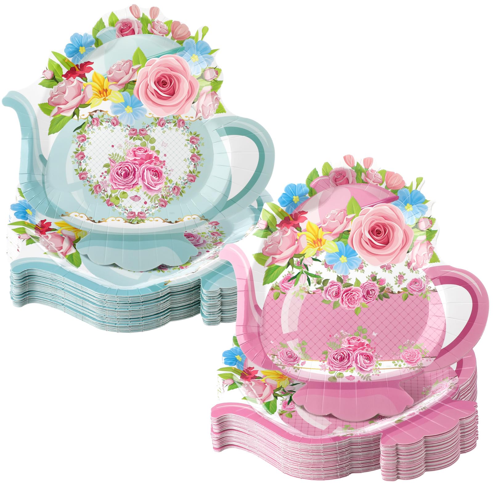 Zonon 50 Pcs Tea Party Teapot Paper Plates Spring Floral Teapot Disposable Plates Tea Birthday Party Supplies for Dinner Food Sn