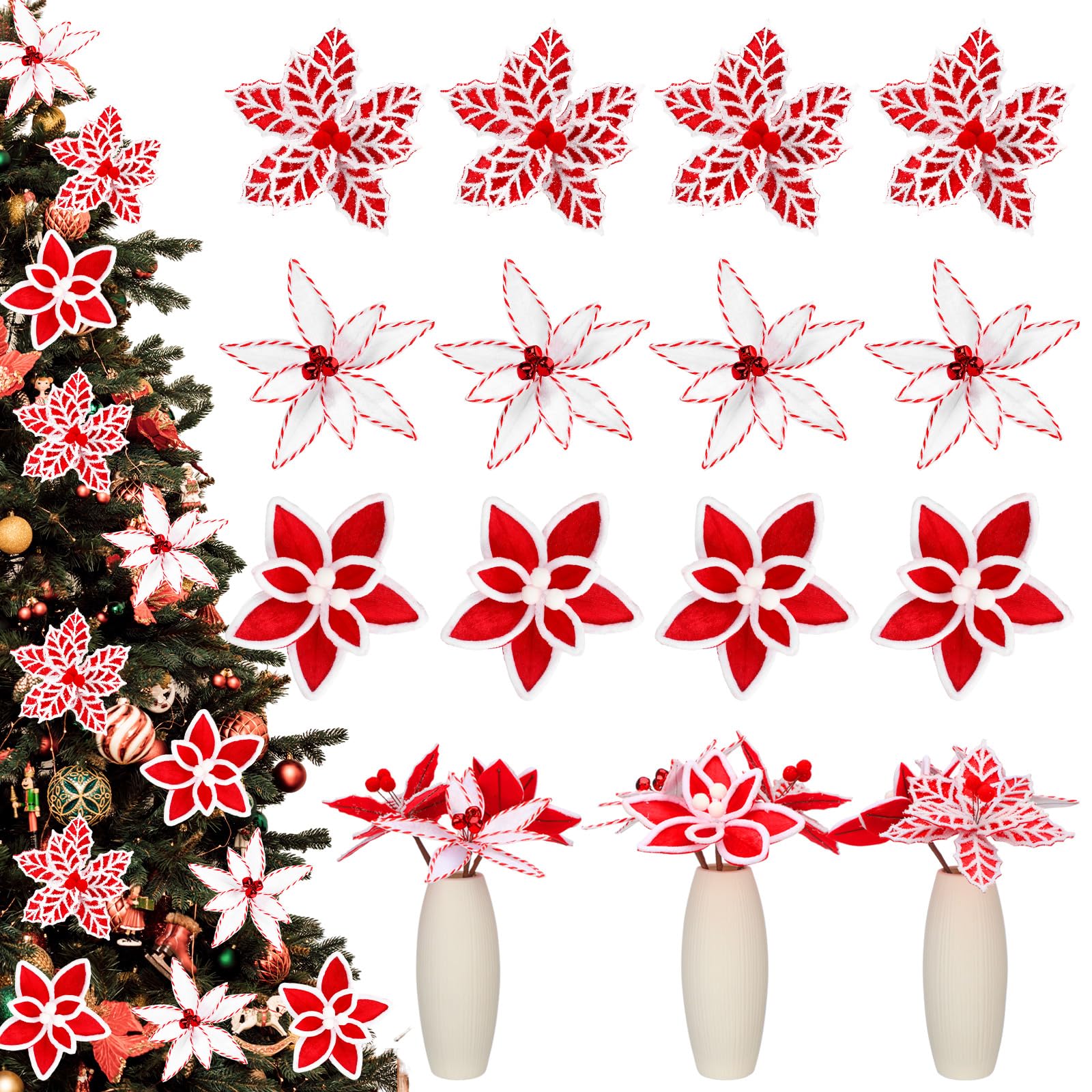 Bucherry 12 Pcs Red and White Christmas Ornaments Tree Decorations, Silk Christmas Poinsettia Artificial Flowers with Clips Stem