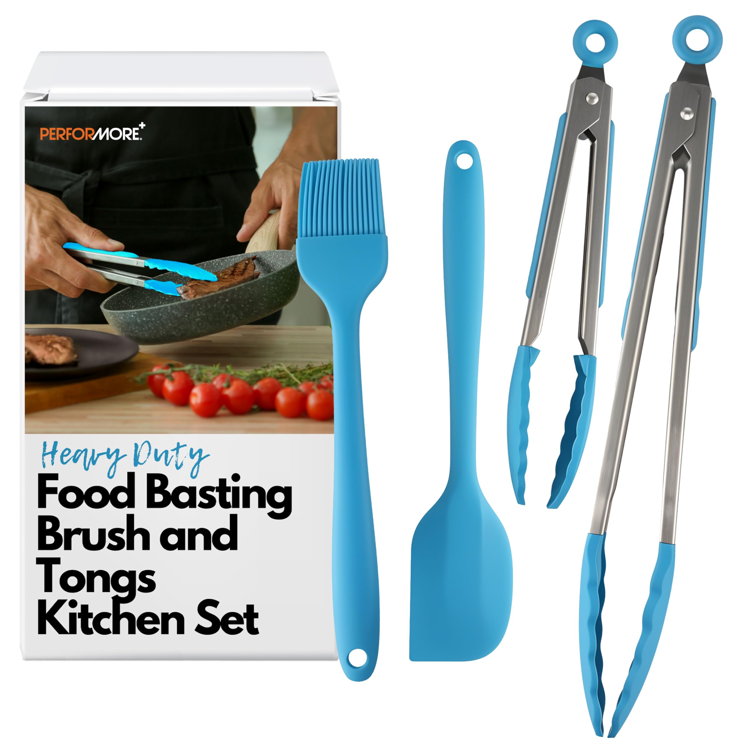 Heavy Duty Silicone Food Basting Brush and Tongs Kitchen Set  Heat Resistant with Stainless Steel for BBQ Grill & Baking  Soft Bristles and Long Handle  2 Tongs  1 Brush  and 1 Spatula (4 in 1 Set)