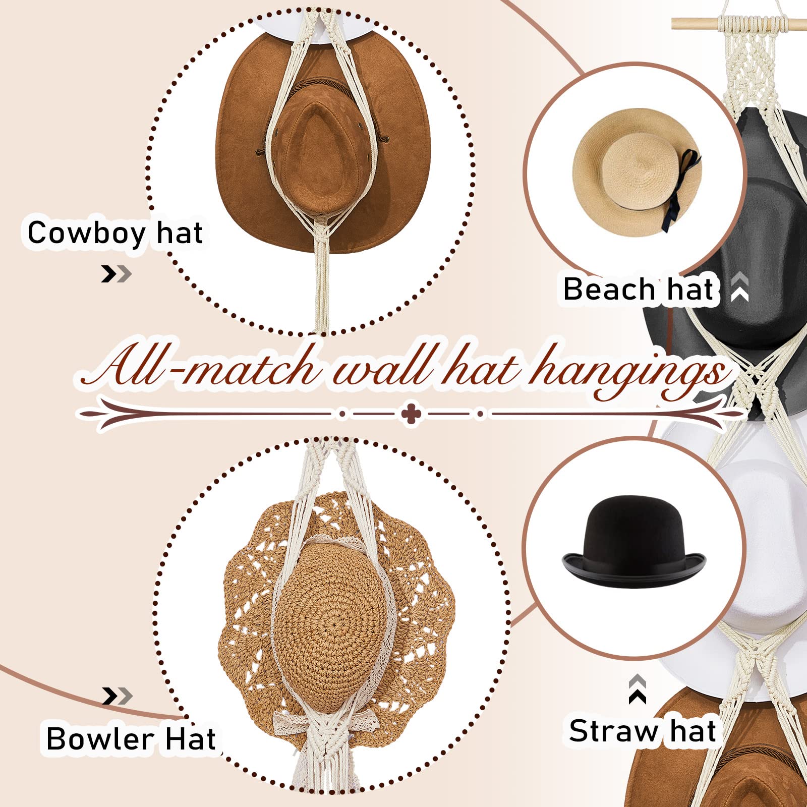 Yulejo Macrame Hat Hangers Boho Hat Rack Cowboy Hat Hanger Back Of Door Hat Organizer (White,Five Hats Style)