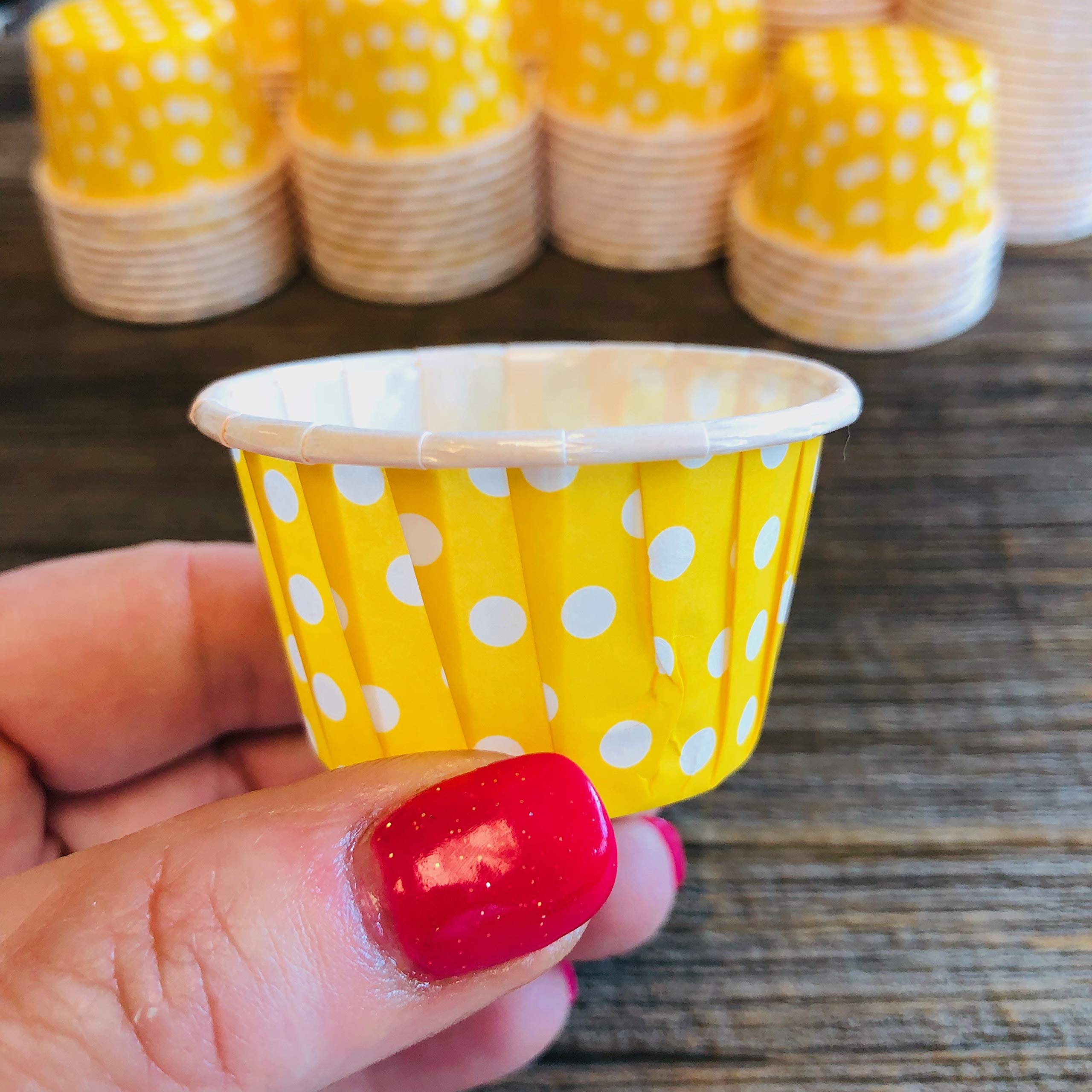 Bulk Mini Candy Nut Paper Cups - Mini Baking Liners - Yellow White Polka Dot - 100 Pack