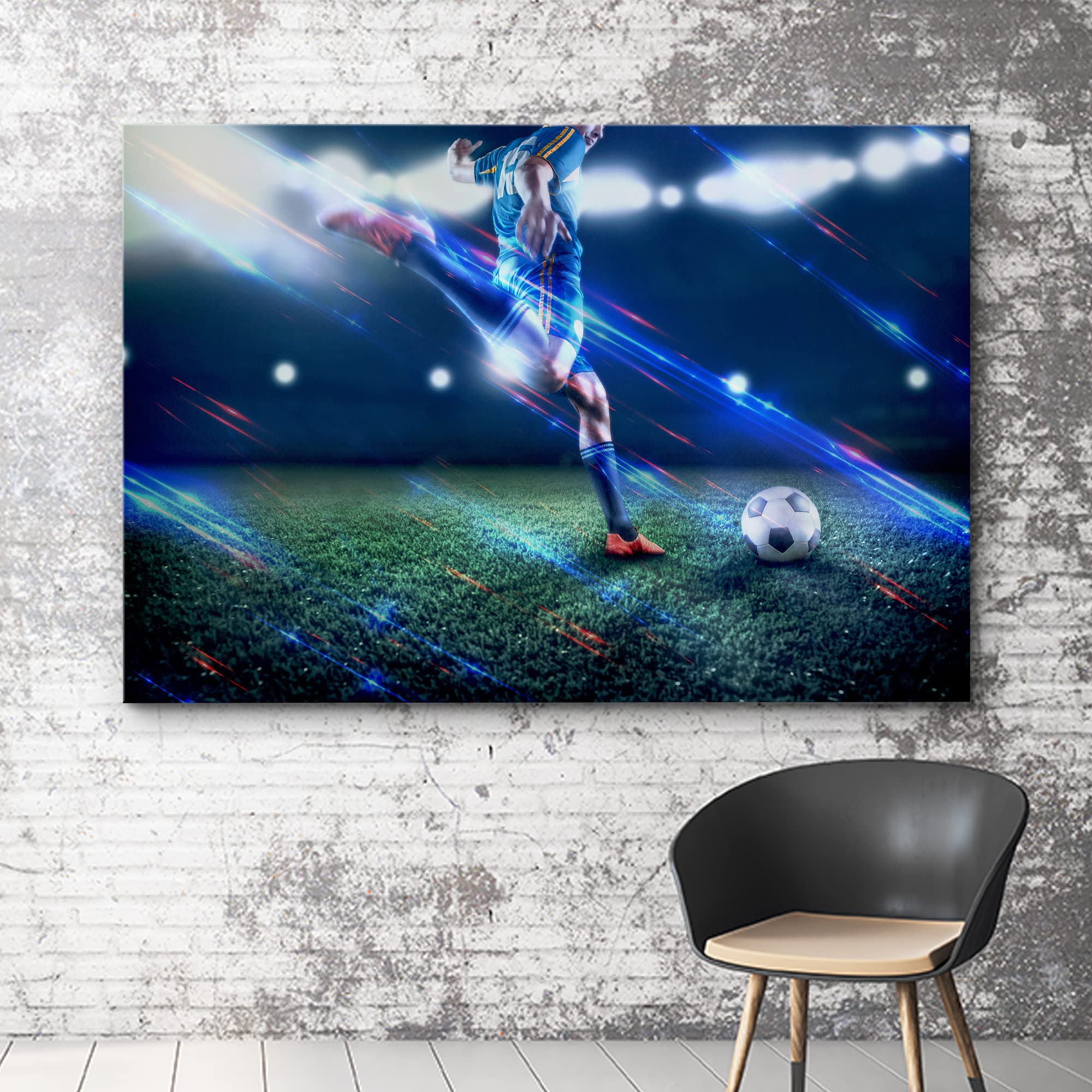 Wall26 Canvas Print Wall Art Neon Light Stadium Soccer Player Kicking Ball Athletes Sports & Fitness Photography Realism Decorat