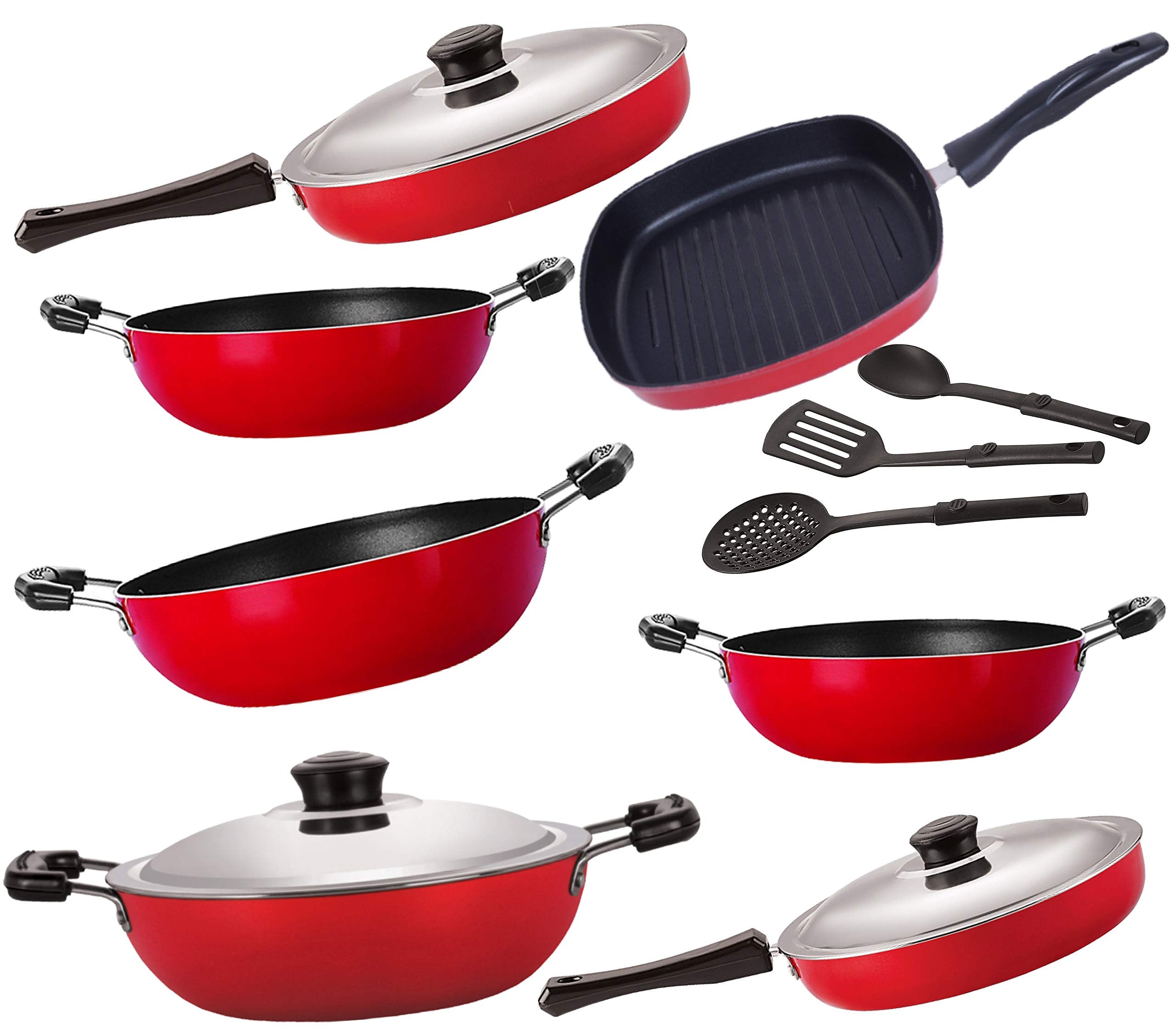 Nirlon NonStick, Pfoa Free Kitchenware Utensils Combo Offer With Stainless Steel Lid Cookware Set 10Pcs [Dkdj_Fp12_Fp13_Kd11_K