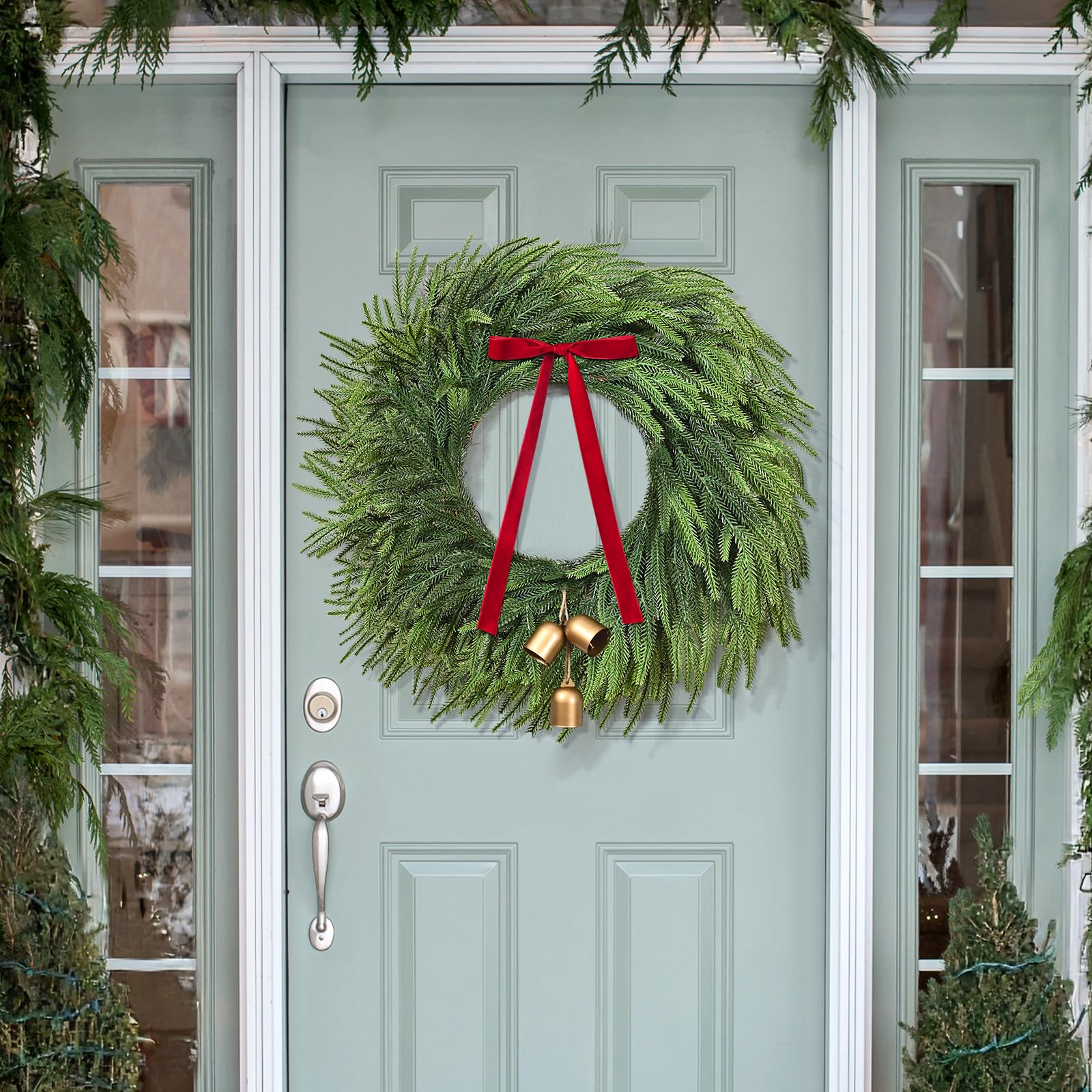 Christmas Wreaths for Front Door - 24 Inch Christmas Wreath with Lights, Real Touch Norfolk Pine Wreath with Cow Bell and Bow fo