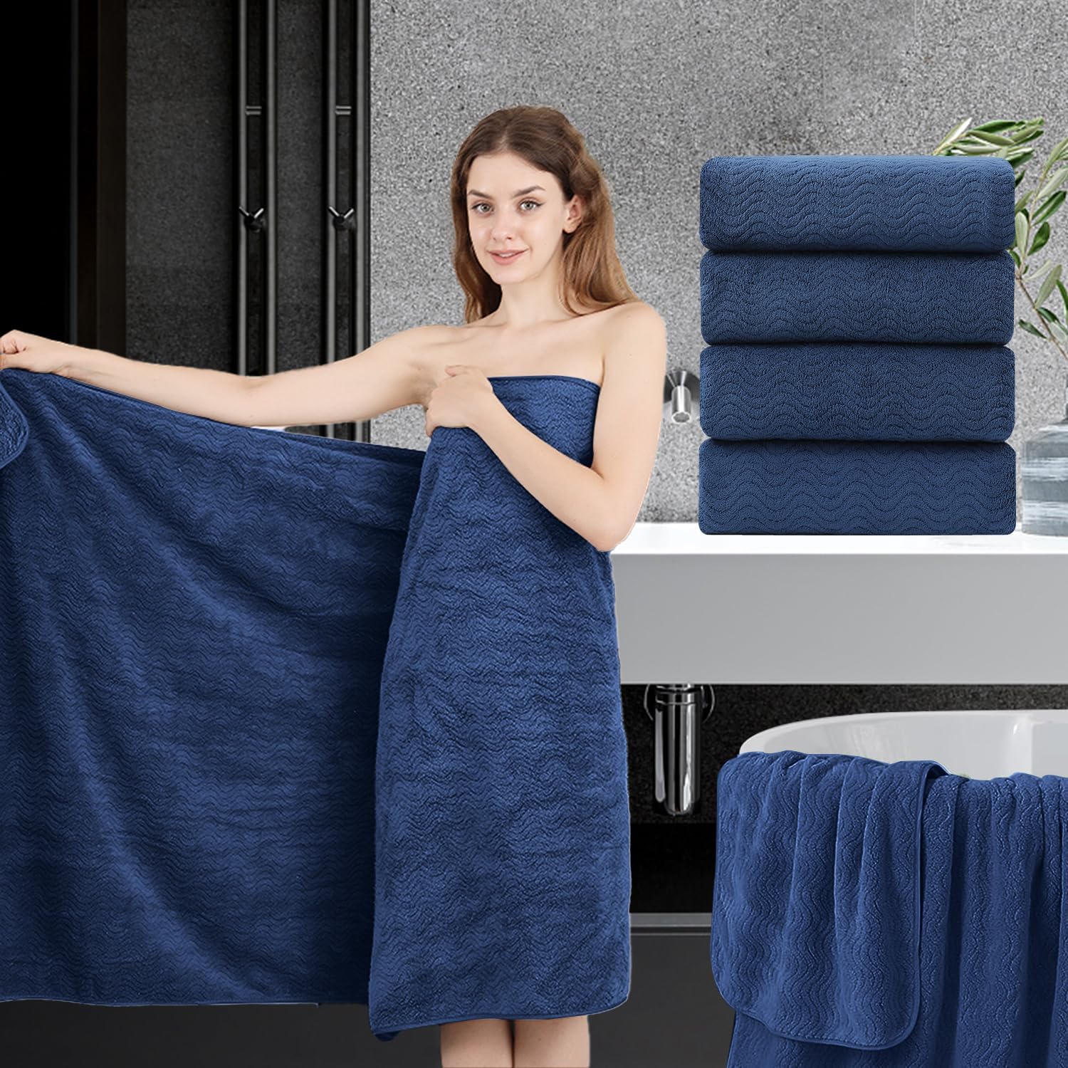 4 Piece Bath Towel Oversized Bath Sheet 35''X70'' Navy Bathroom Towel Extra Large Bath Towel Set Highly Absorbent Quick Dry Prem