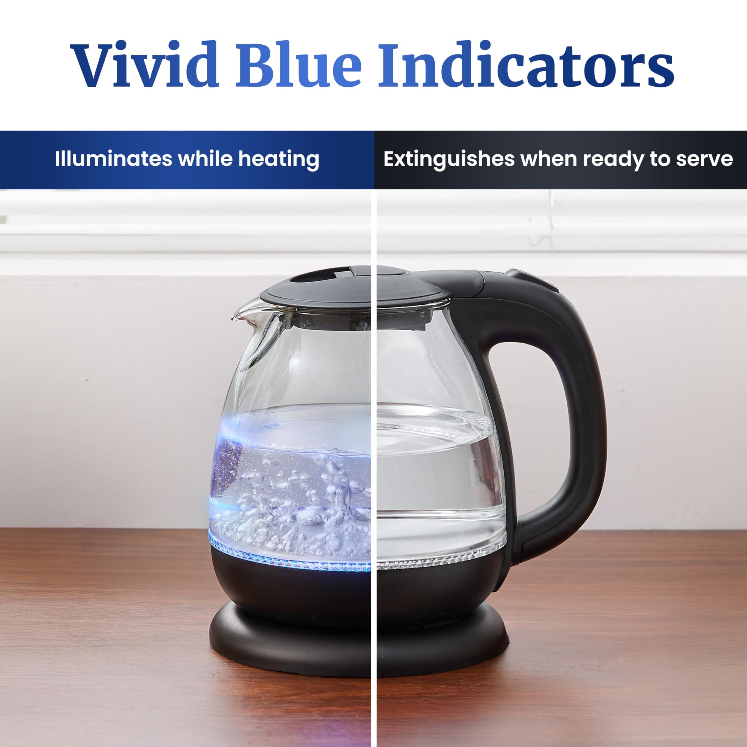Elite Gourmet Electric Glass Kettle 1.0L, BPA-Free, 1100W, Stylish Blue LED, Auto Shut-Off, Graphite Black, Model EKT1001B