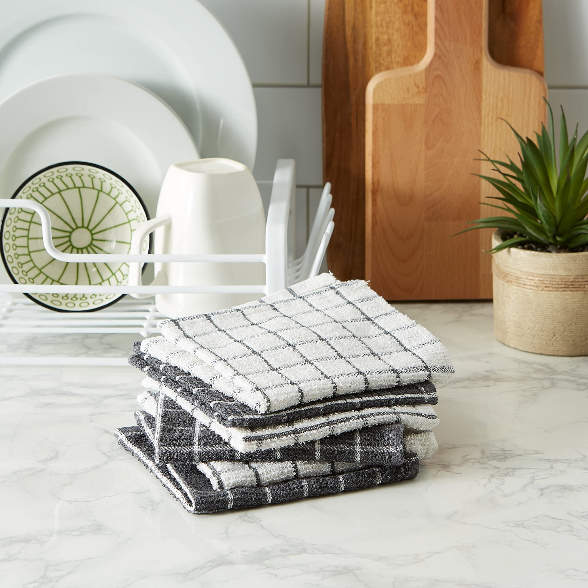 Dii Basic Terry Collection Windowpane Dishcloth Set, 12X12, Gray, 6 Piece