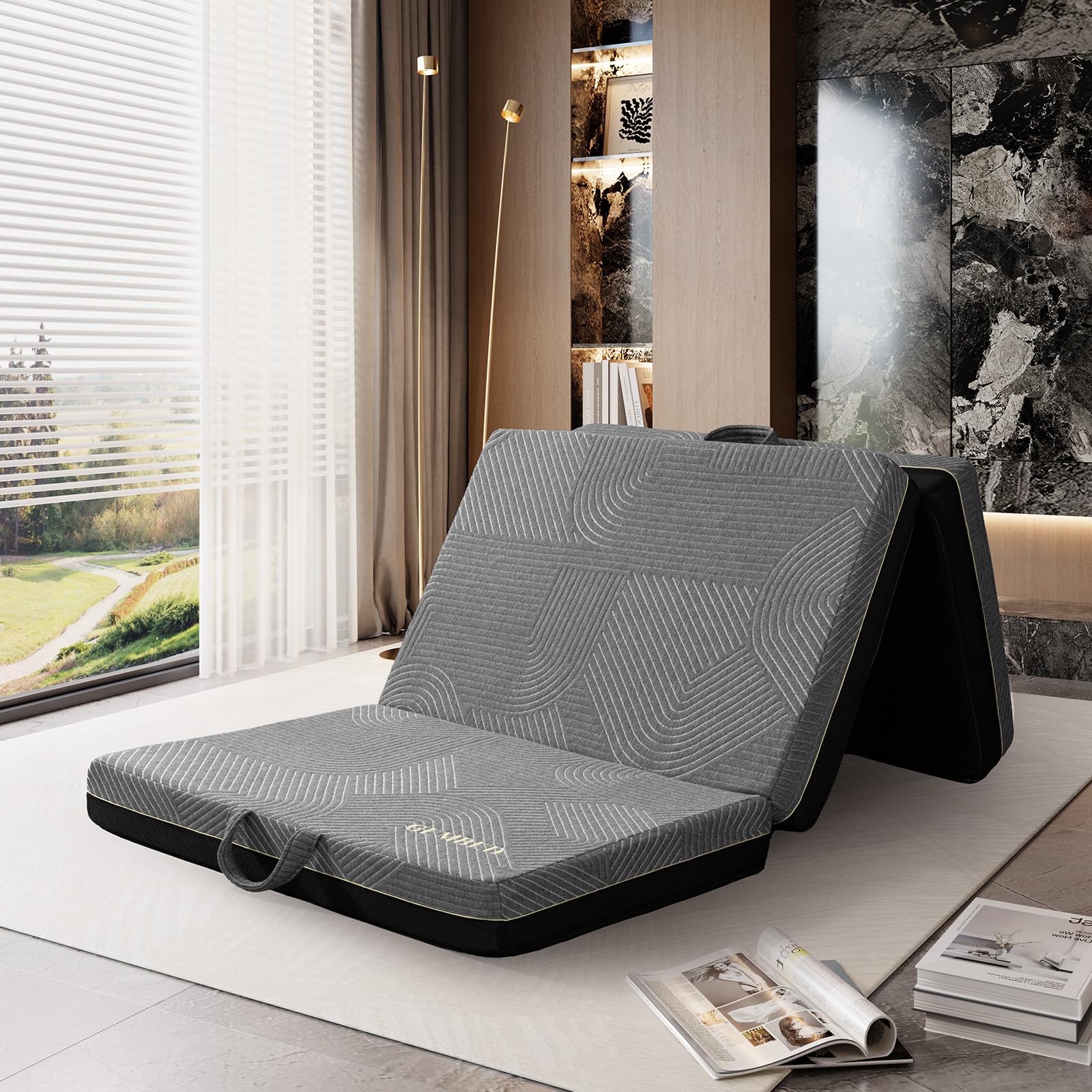 Gembed Tri Folding Mattress Full Size - Memory Foam Tri-Fold Mattress, Handle & Non-Slip Bottom, Portable Foldable Sofa Bed Floo