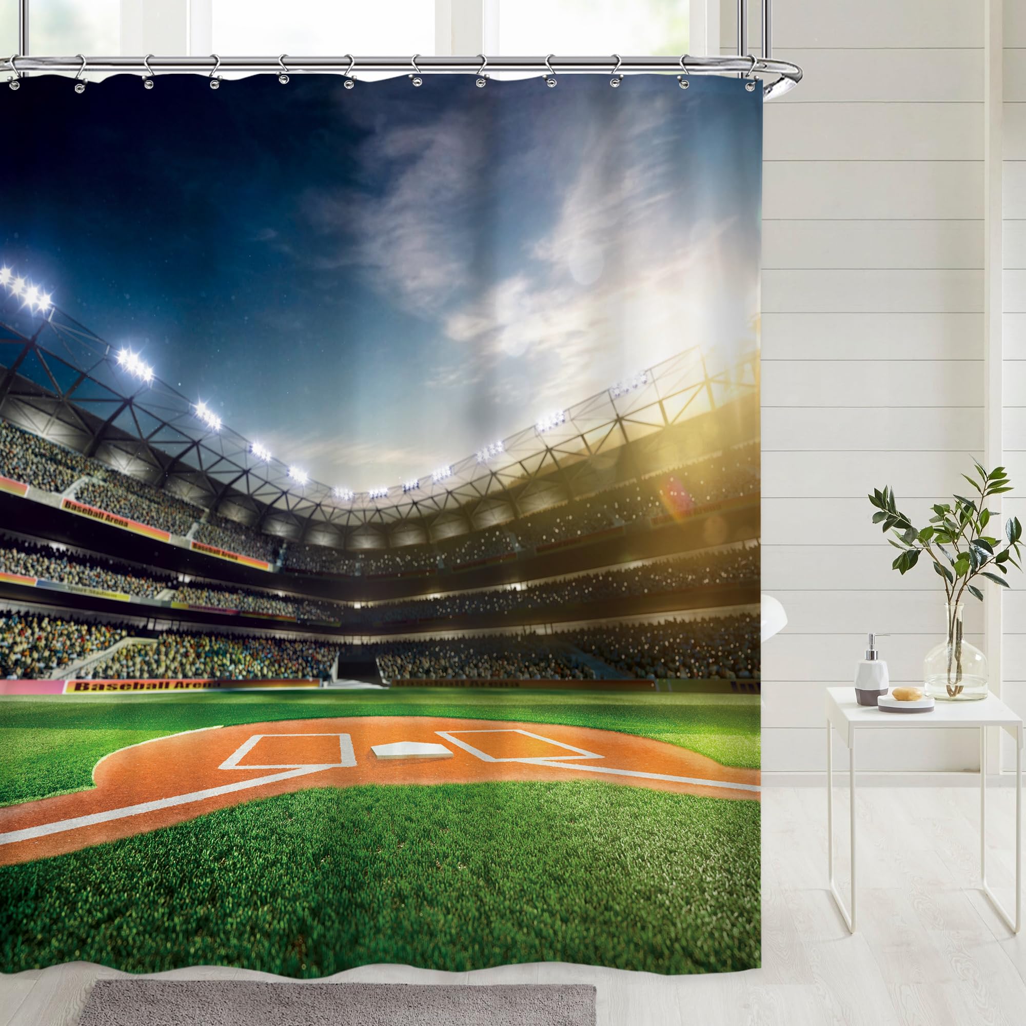 Riyidecor Baseball Field Shower Curtain 60Wx72H Inch Professional Sports Grand Green Arena Playground For Teen Boys Man Fans Bat