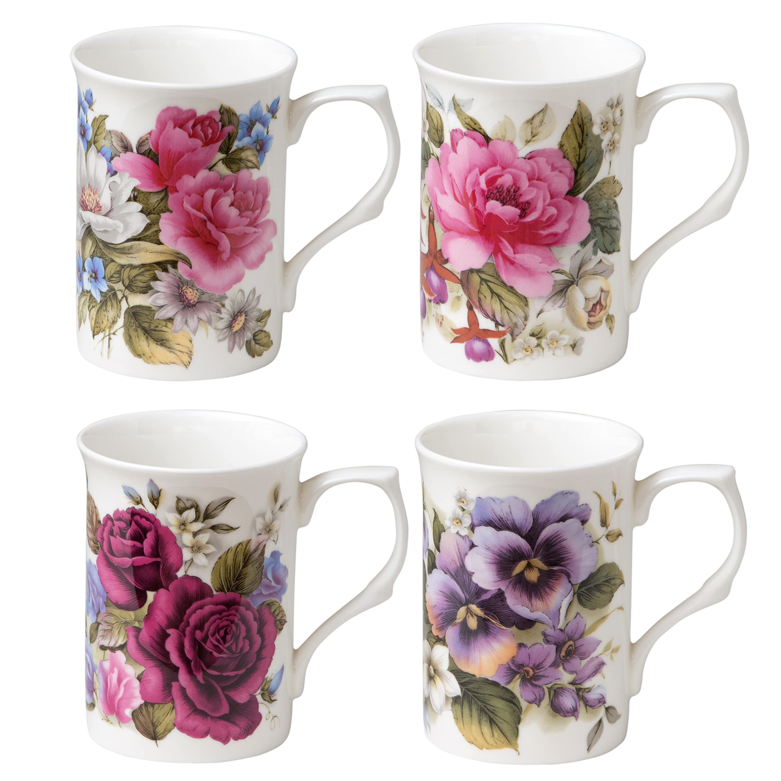 Grace Teaware Bone China Coffee Tea Mugs 9Ounce, Assorted Set of 4 (Classic Floral)