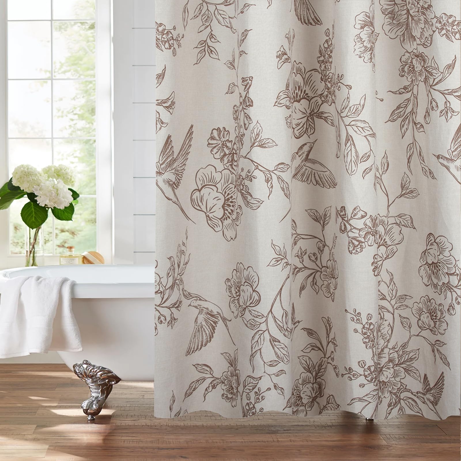 Muginyu Vintage Floral Linen Shower Curtain - Bird & Leaf Print Pattern Farmhouse Rustic Toile Shower Curtains For Bathroom - Fr