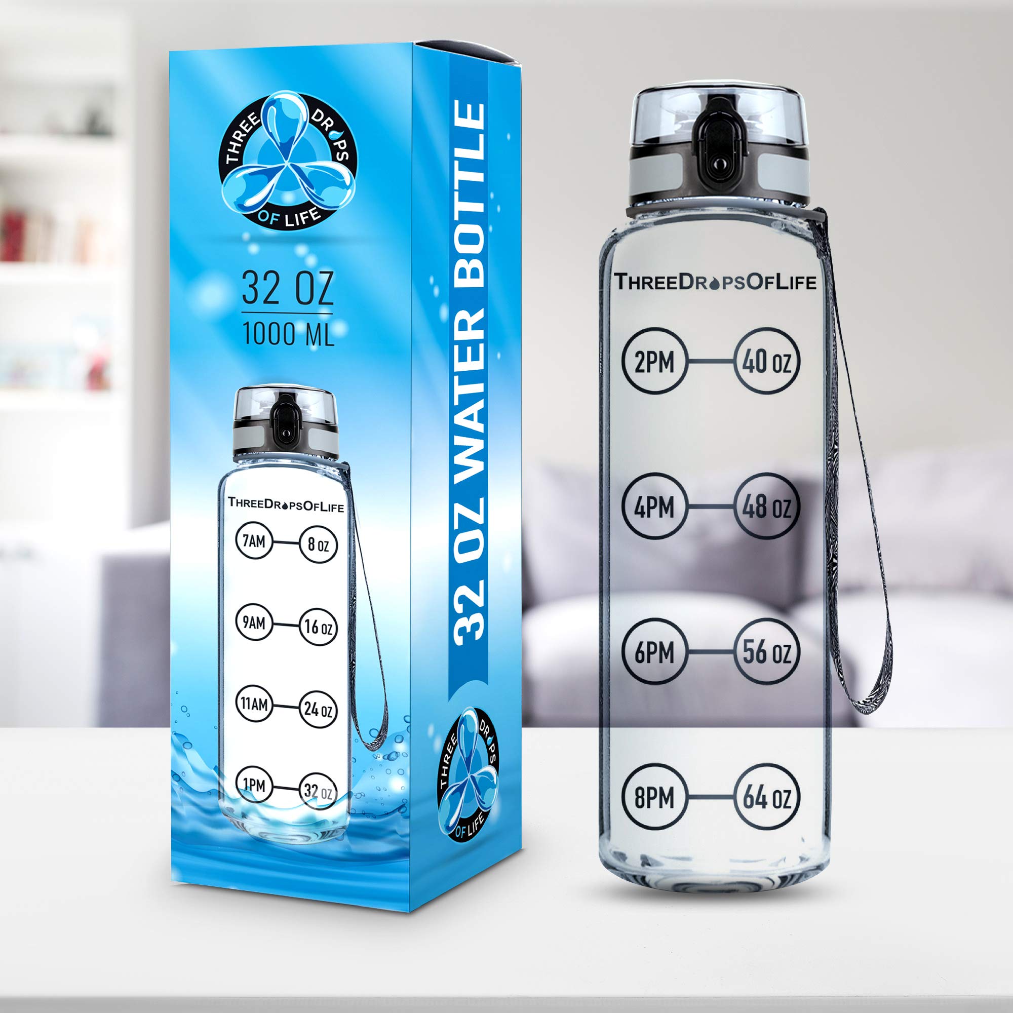 Three Drops Of Life Time Marked Water Bottle, Clear Sports Timed Water Bottle 32 Oz, Best For Measuring Water Intake, Tritan Bpa