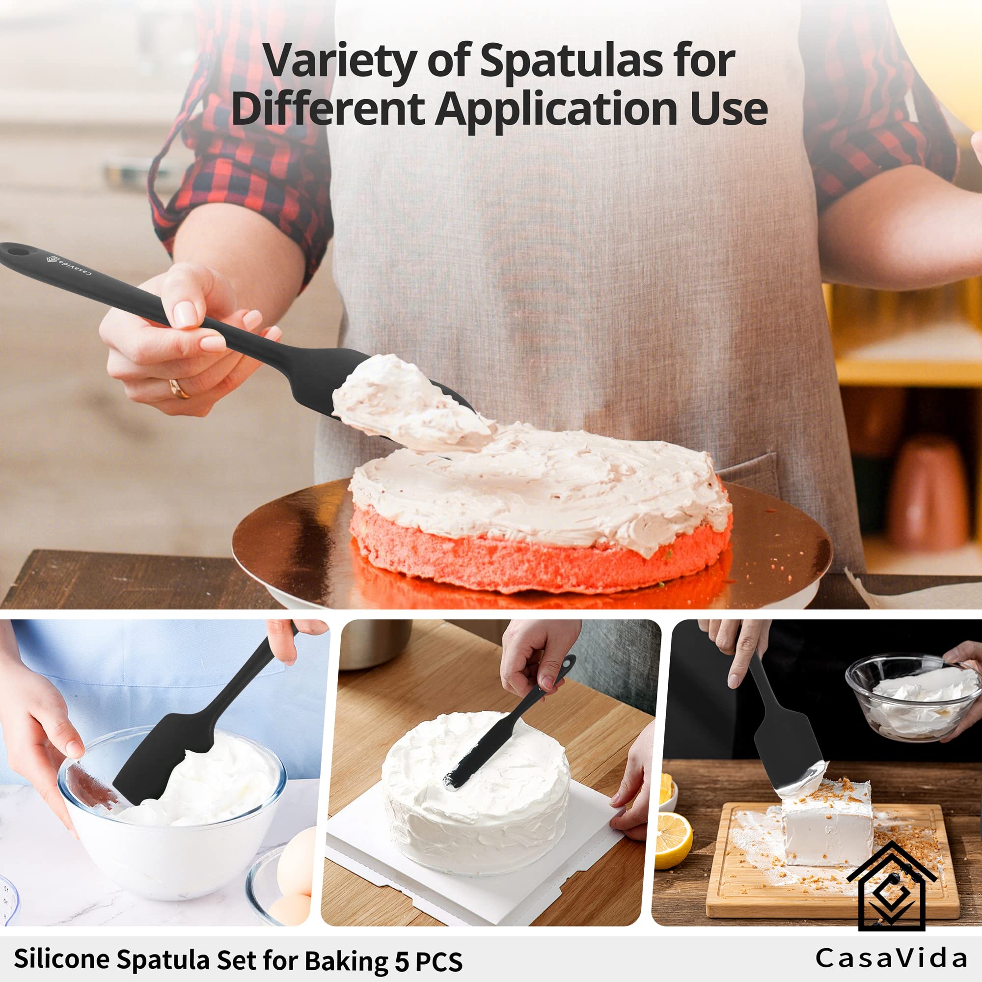 Casavida Silicone Spatula Set 5Pcs Black High Heat Resistant Non Stick Bakery Flexible Bpa Free Dishwasher Safe Kitchen Utensils