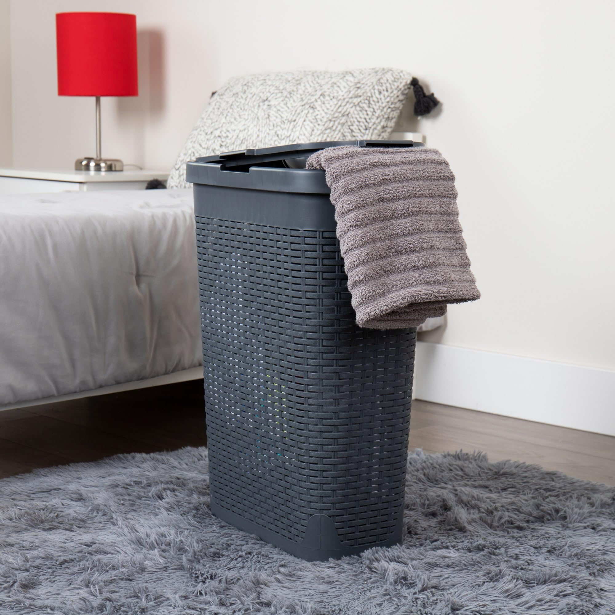 Mind Reader 40L Slim Laundry Hamper, Clothes Basket, Lid, Wicker Design, Plastic, 18''L X 10.4''W X 23.5''H, Gray