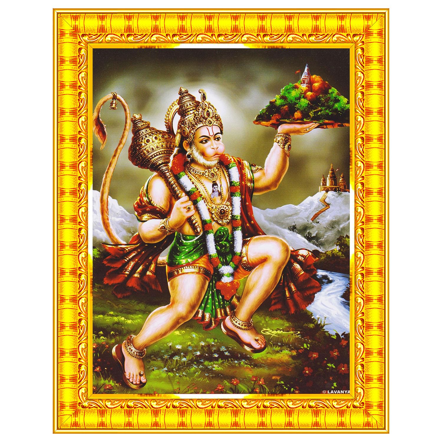 Pavan Photo Laminations Lord Hanuman Ji Hanumanji Jai Bajrangbali Wall Painting Framed Home Decor (Wood,Matte,Gold,Small Size,6