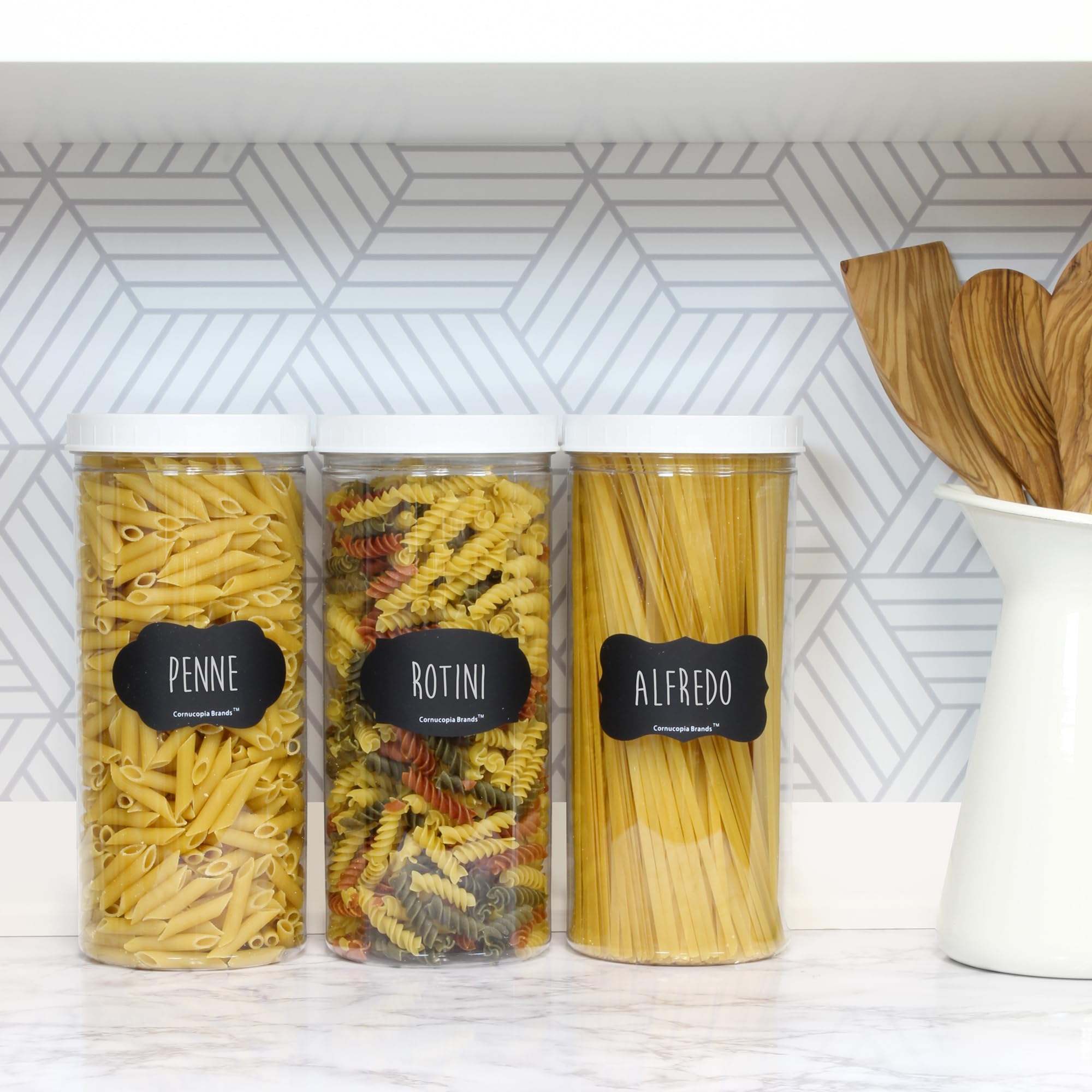 Cornucopia Tall Clear Plastic Canisters w Lids and Labels (3-Pack  2.5 quart / 10 cup capacity); 10in High BPA-free PET 80oz Jars for Food & Home Storage