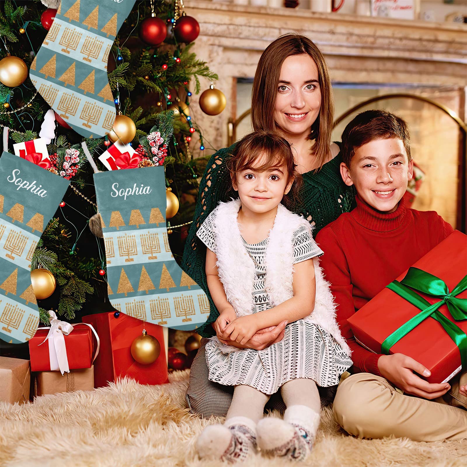 SunFancyCustom Personalized Merry Gold Holiday Stripes Pattern Custom Family Xmas Stockings with Name for Home Christmas Party O